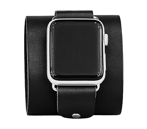wide Leather cuff band compatible with Apple watch 38mm 40mm 41mm 42mm 44mm 45mm 49mm, Handmade UA 1363 (black + steel + 38mm + 5.5-6.1 in)