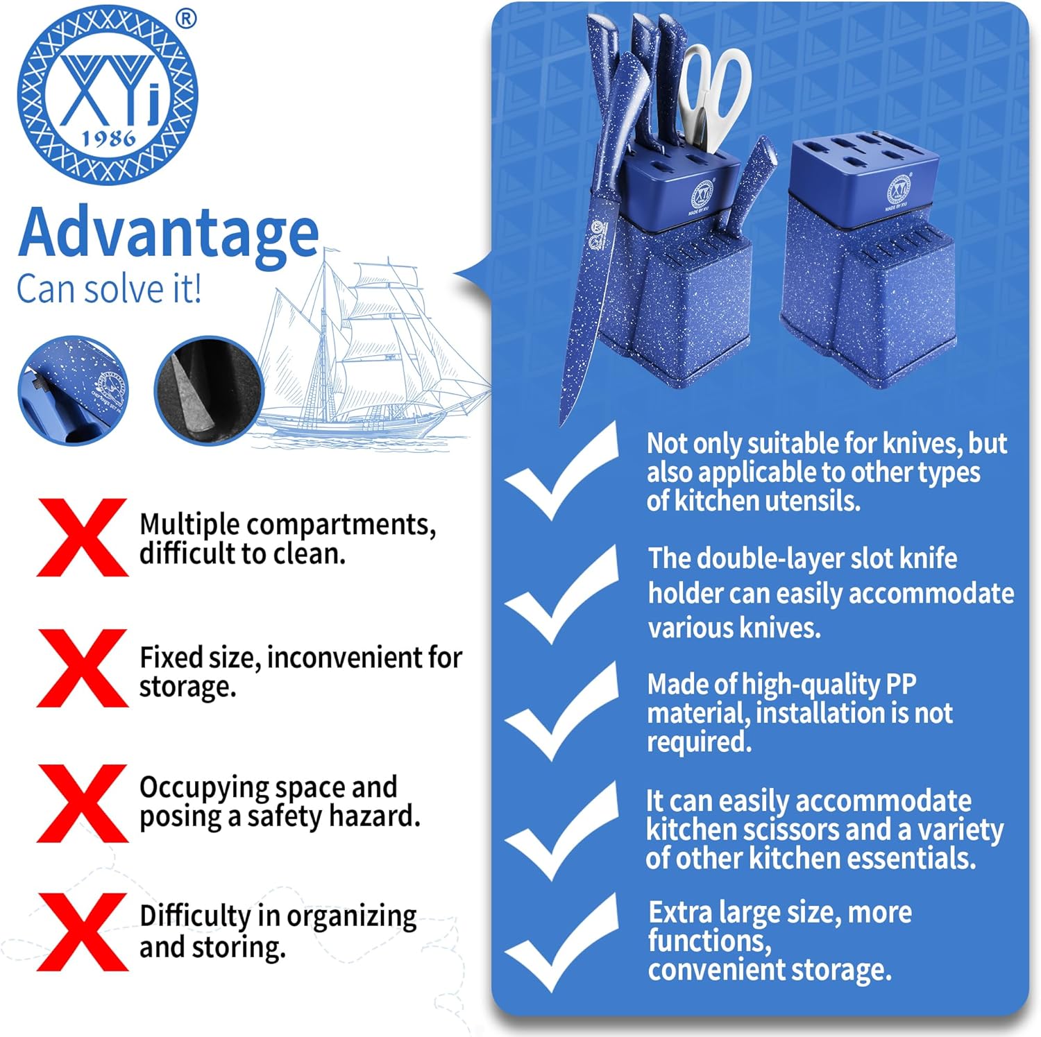 XYJ Authentic Since 1986, Kitchen Knife Block Set, Stainless Steel Kitchen Knife Set With Knife Holder, Blue Color Meat Cleaver Paring Slicing Chef Knives Kitchen Cutlery