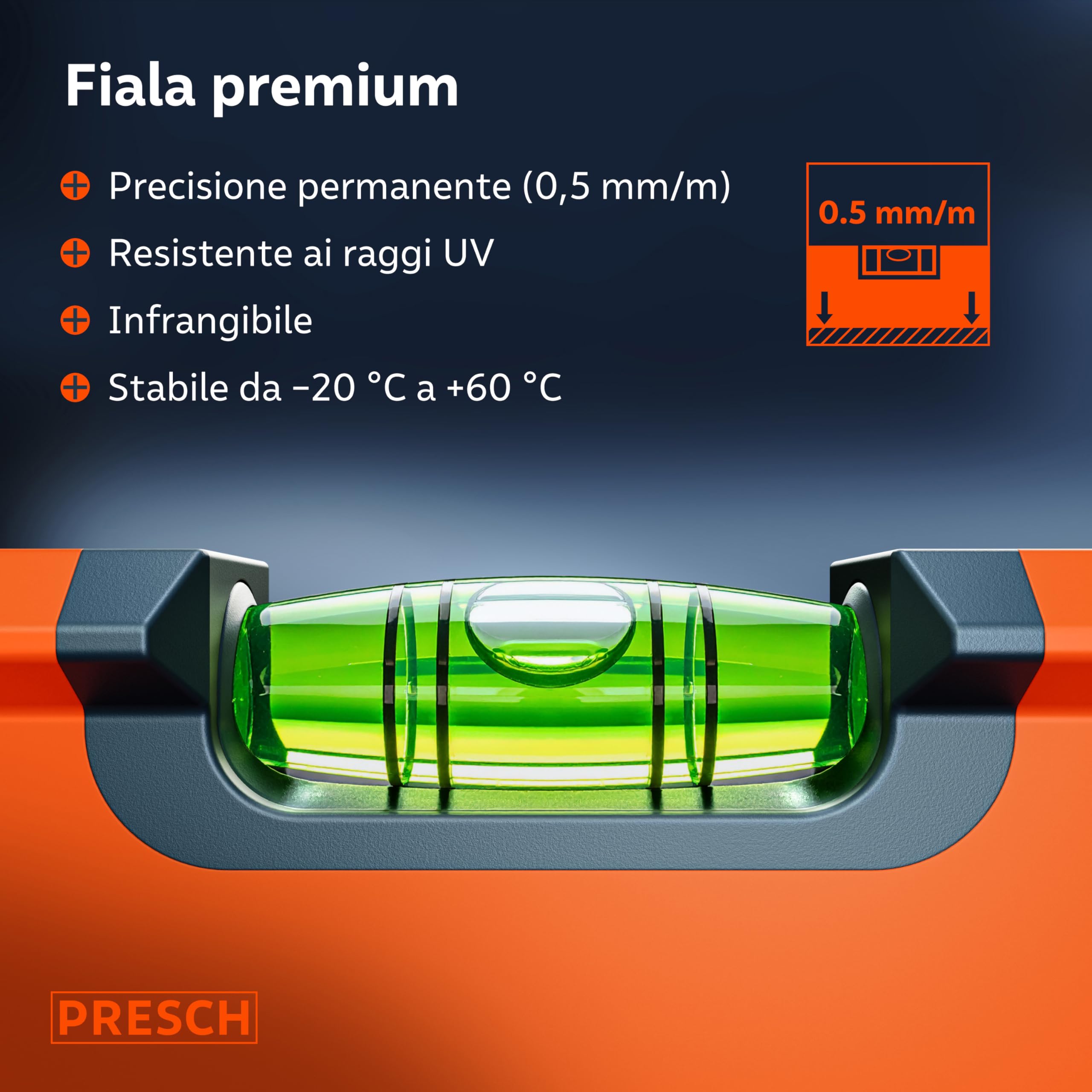Presch Livella a bolla 60cm - Fiala infrangibile con pendenza 2% - Finestra di lettura verticale - Tappi antiscivolo innovativi - Superficie di misura precisa
