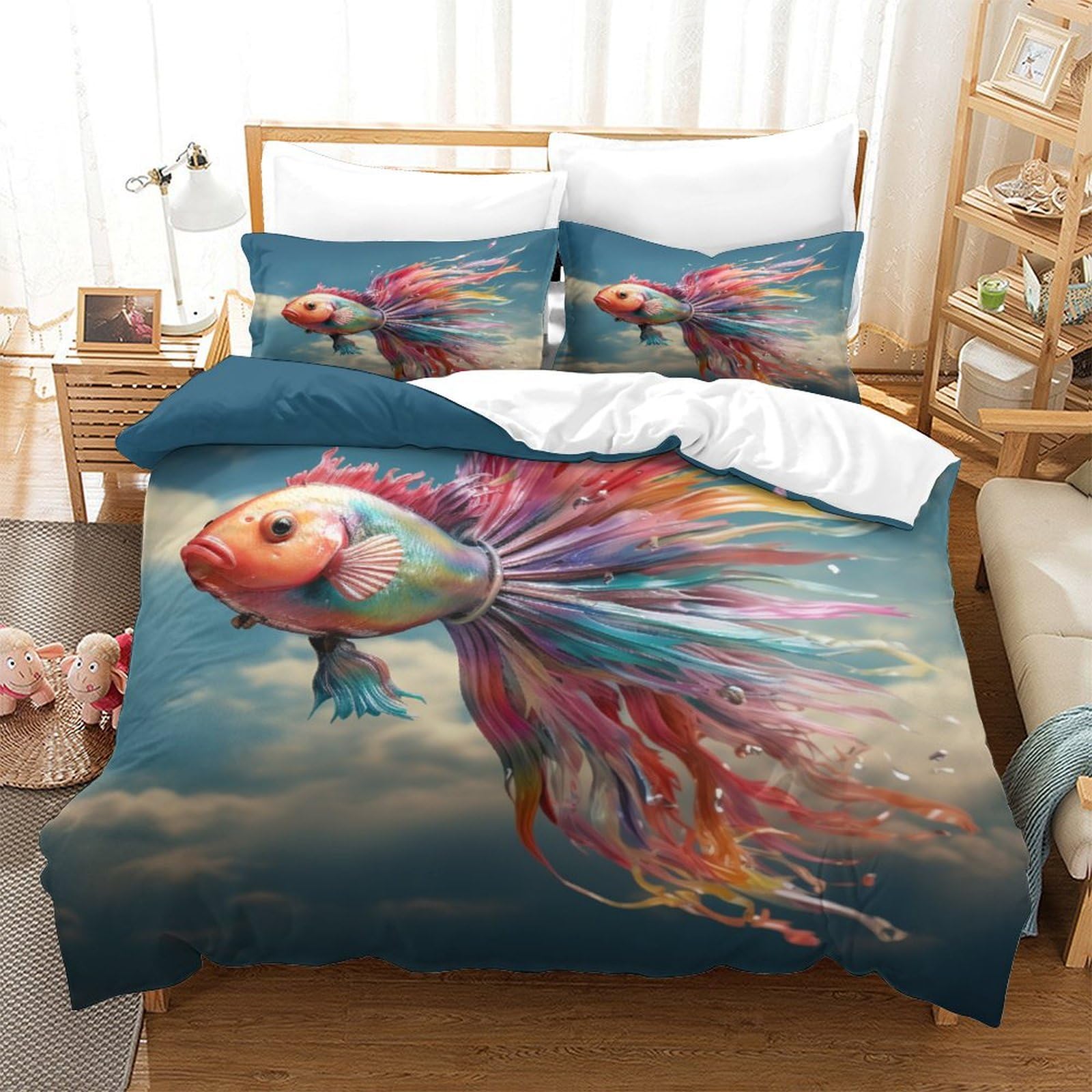 P1S9U7W5Y Vivid 3D Printed Goldfish Pattern Microfiber 3 Piece Duvet Cover Set Soft Skin-Friendly Bedding Set for Adults Teens Bedroom Decoration King（220x240cm）