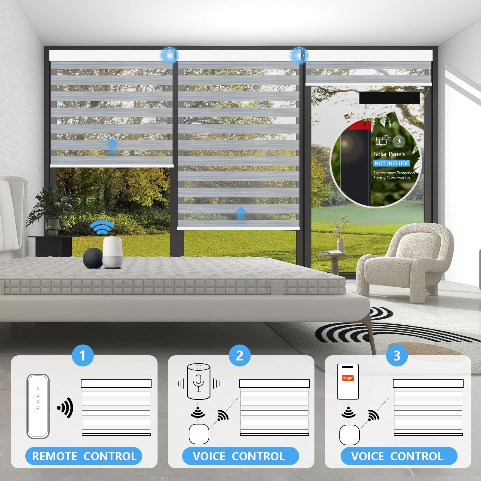 Motorized Zebra Blinds with remote, 90%Blackout Dual Layer Automatic Blinds, Rechargeable Horizontal Wireless Electric Shades for Windows Compatible with Alexa Google (Fine Lines Grey, 47