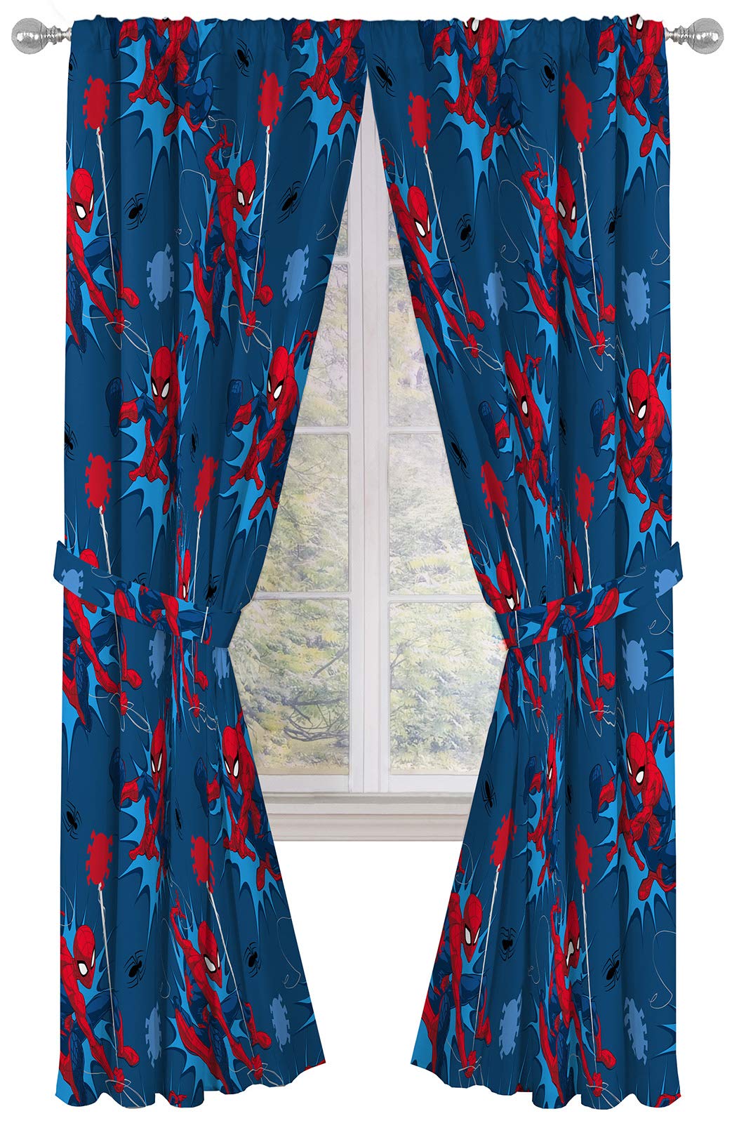 Jay Franco Kids Window Drapes - 4 Piece Curtain Set Includes 2 Tiebacks, Beautiful Bedding Room Décor and Easy Set Up, Blue - Spiderman, 84 Inch