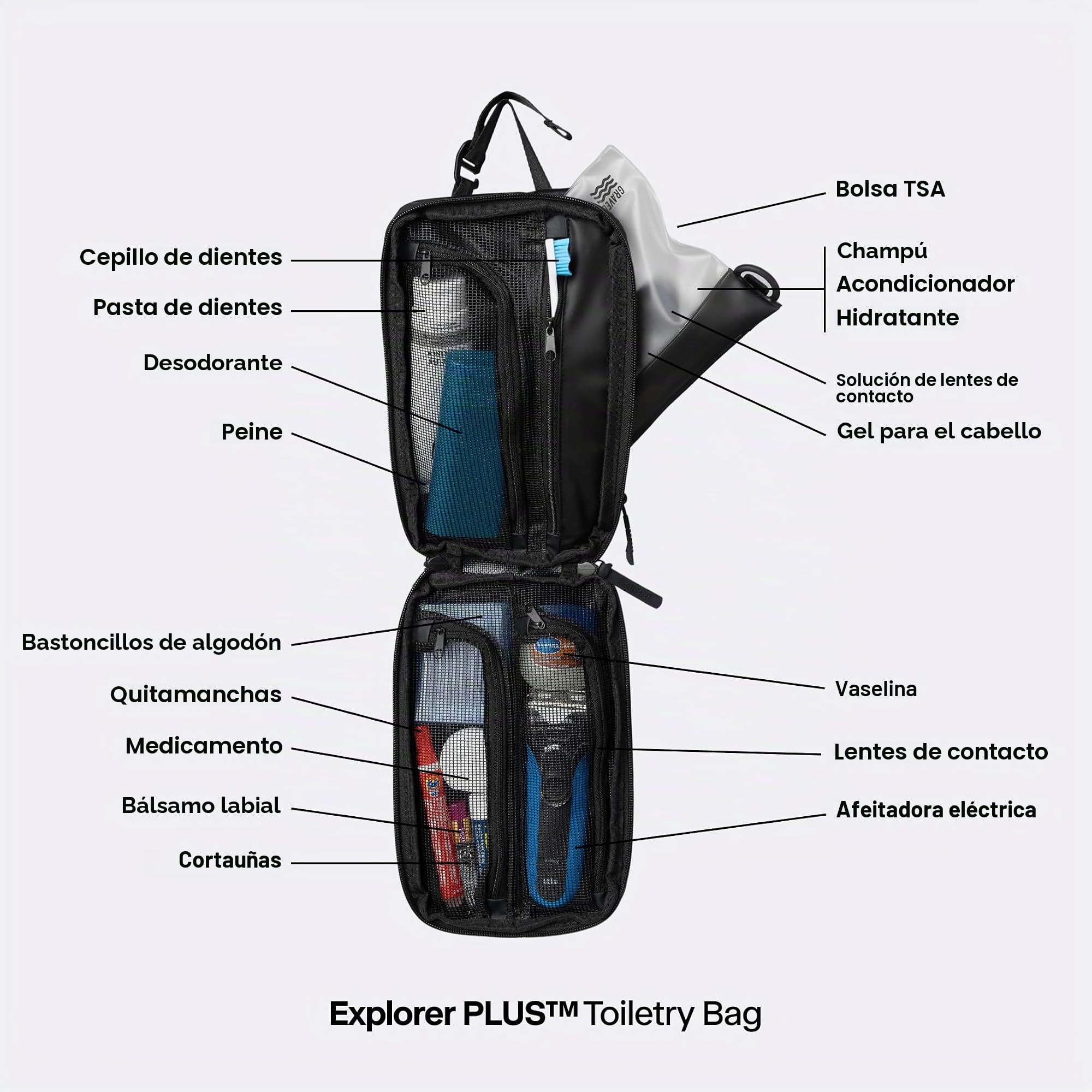 Gravel Explorer Plus - Neceser Colgante, Resistente al Agua, con Botellas de Viaje aprobadas por la TSA