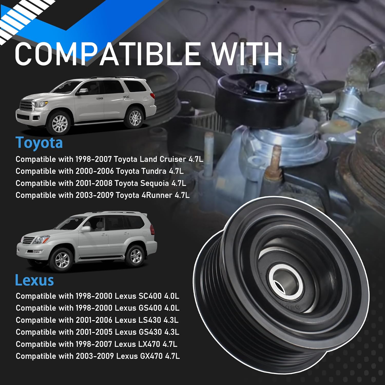 90K-38488 Serpentine Drive Belt Tensioner Idler Pulley Serpentine Belt Kit Compatible with 1998-2009 Toyota Land Cruiser Tundra Sequoia 4Runner Lexus SC400 LS430 LX470 Replaces 90K38488