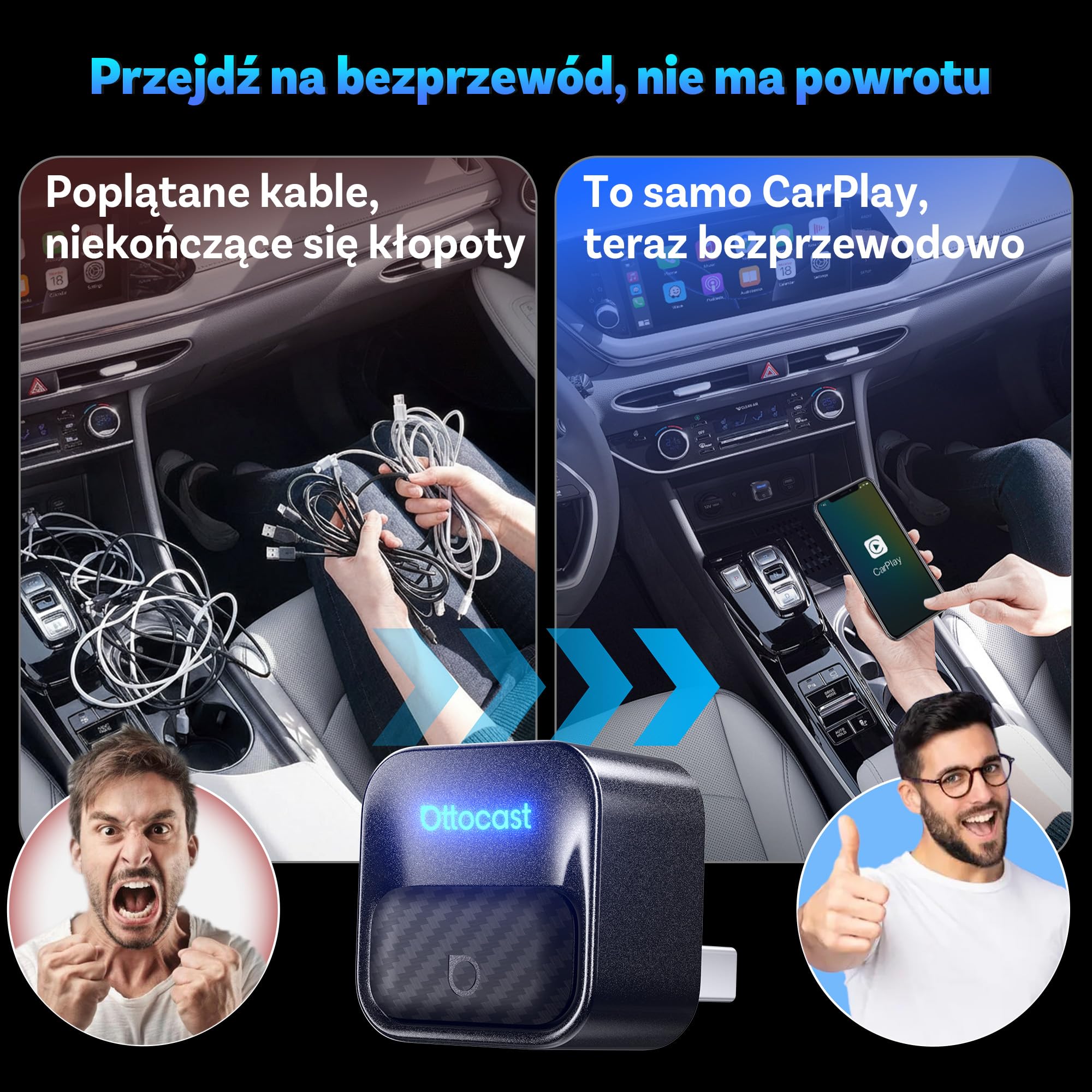 OTTOCAST Mini Core 2-w-1 Adapter Bezprzewodowy CarPlay & Android Auto 2026 | WiFi 6 & Bluetooth 5.4, Inteligentny Przycisk do Łatwego Rozłączania & Przełączania, USB-A/C dla Fabrycznych Aut CarPlay/AA