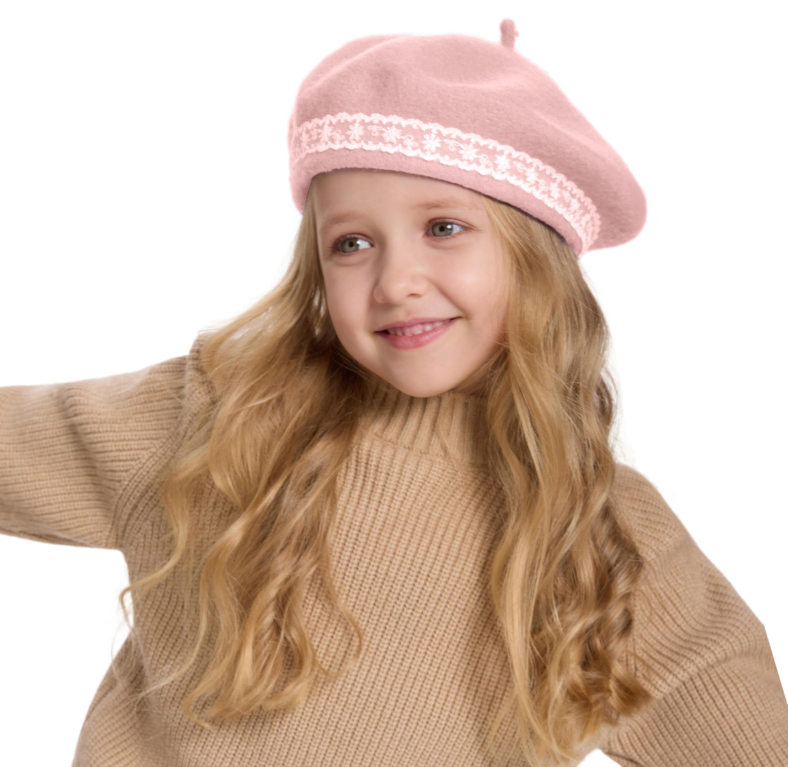 ZLYC Wool Kids Beret Hat Girls Solid Color Artist French Beret Cap(Lace Pink),One Size - Image 2