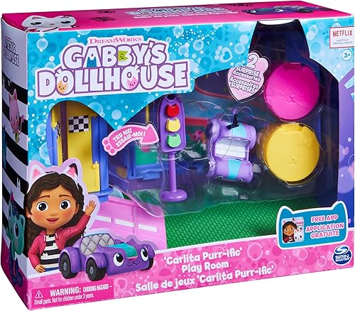 Miniatura 9 de Gabby's Dollhouse, Carlita Purr-ific Sala de juegos con coche de juguete Carlita, accesorios, muebles y entregas a casa de muñecas, juguetes para
