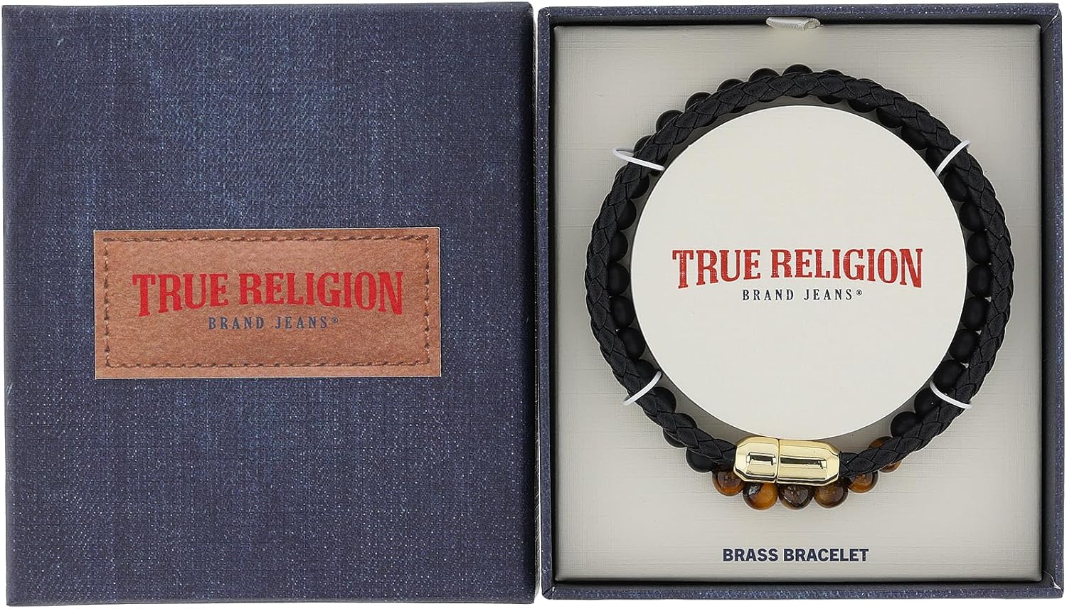 True Religion Beaded Simulated Black Leather 8.5 Inch Double Row Bracelet for Men - Image 5