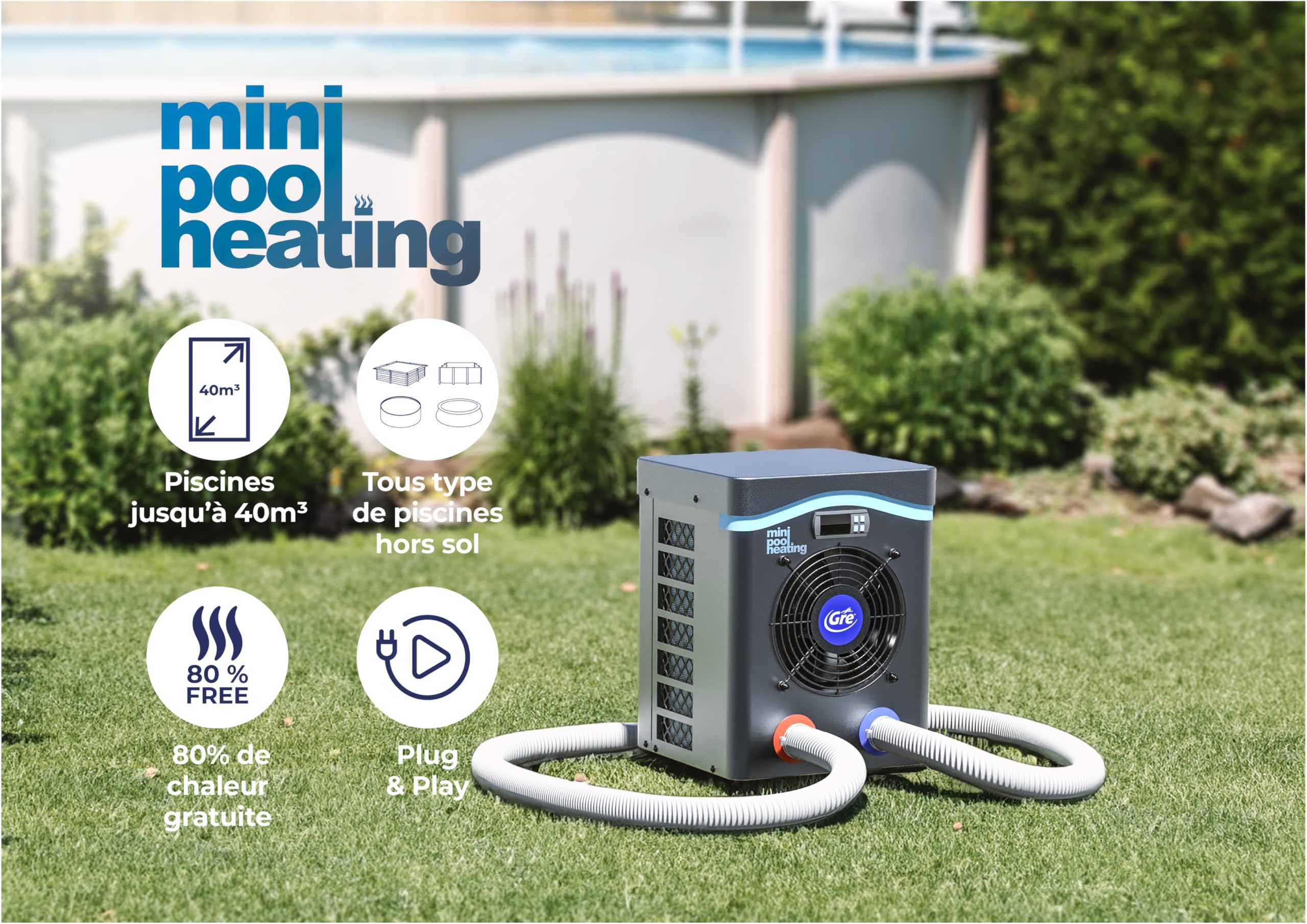 Gre HPM20 - Mini pompe à chaleur pour piscines hors-sol jusqu'à 20 m³, chauffage pour piscines hors-sol. Couleur grise