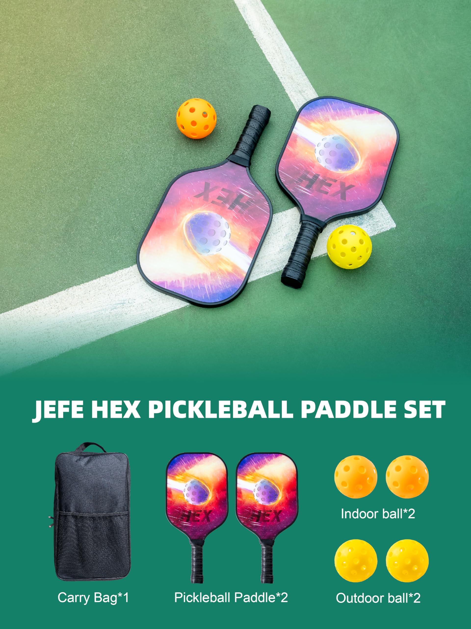 Amazon | JEFE HEX ピックルボールパドルセット グラスファイバー表面