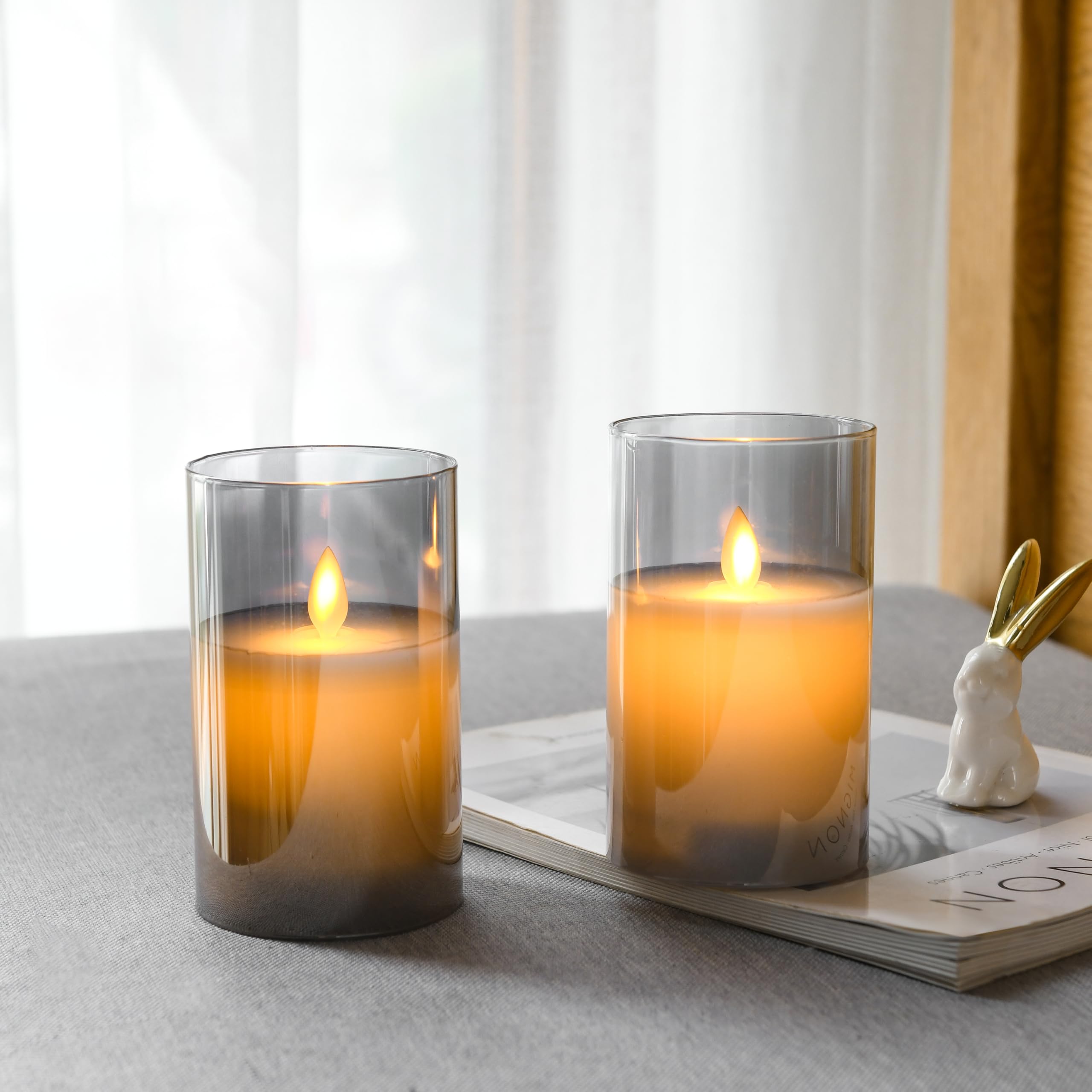 Lot De 2 Bougies LED Scintillantes Sans Flamme 15cm Verre Marron - Télécommande Incluse - Effet Flamme Réaliste