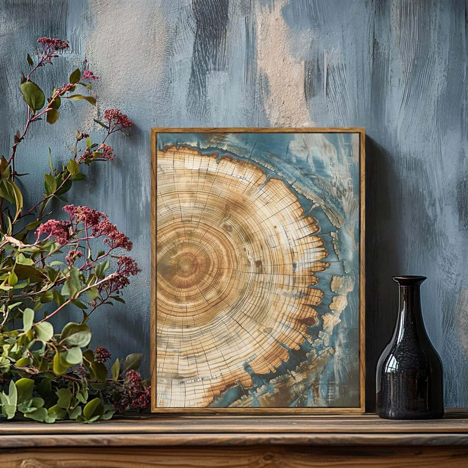 BingruiArt Framed Tree Ring Canvas Wall Art Abstract Wood Wall Decor Boho Modern Colorful Nature Painting Wood Stump Prints Pictures for Living Room Bedroom Bathroom Office 12"x16" Natural Framed(08)