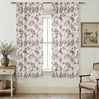Coffee Brown Linen Curtains 63 Inches Long for Living Room Bedroom Toile de Jouy Floral Printed Patterned French Country Semi Sheer Curtains Back Tab Light Filtering Pattern 63 Inch Window Drapes