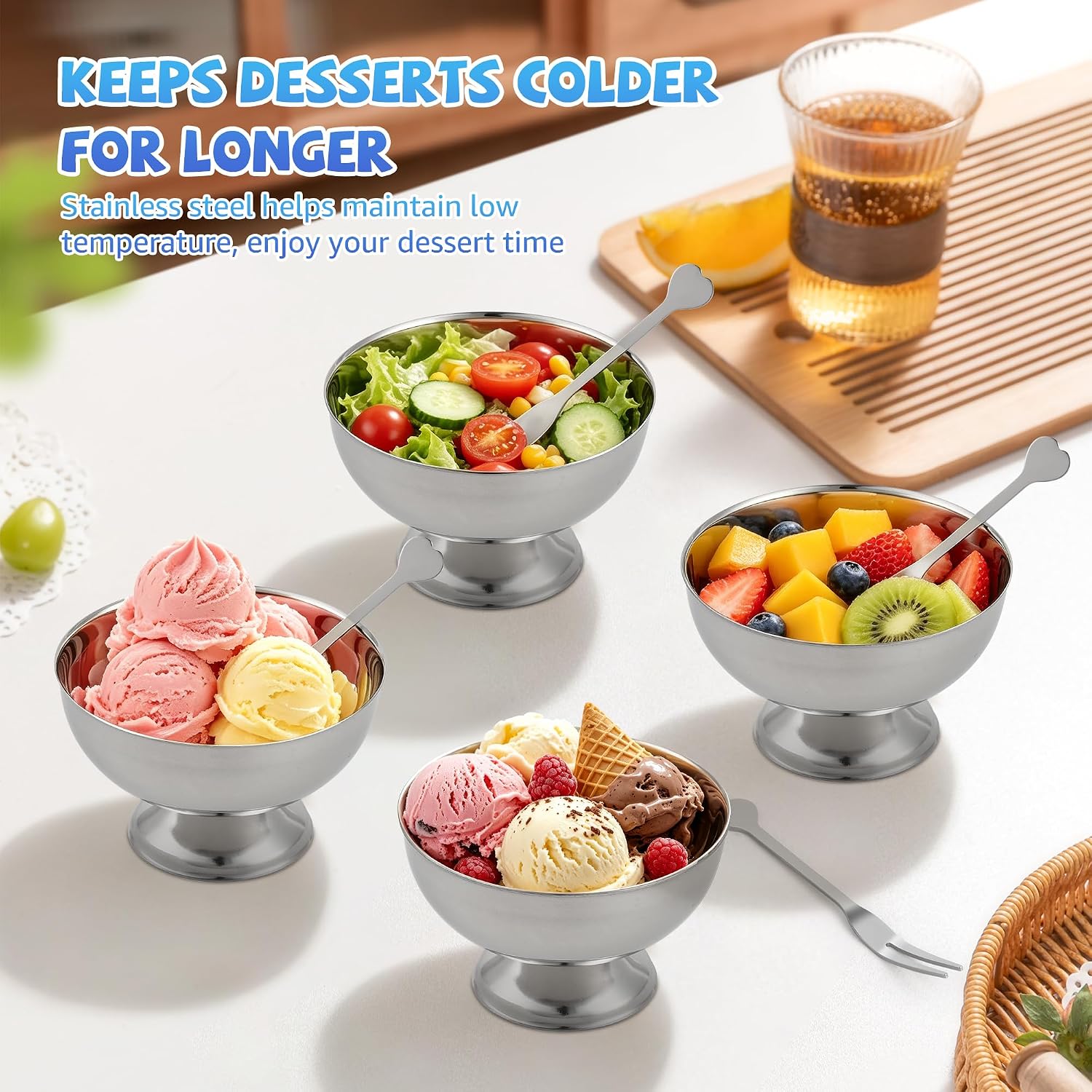 Stainless Steel Ice Cream Cup, 200ml Stainless Steel Ice Cream Bowl with Forks, 6 Pcs Silver Ice Cream Bowls, Silver Coupe Glasses for Sundae Fruit Ice Cream Pudding Sauce, Dishwasher Safety