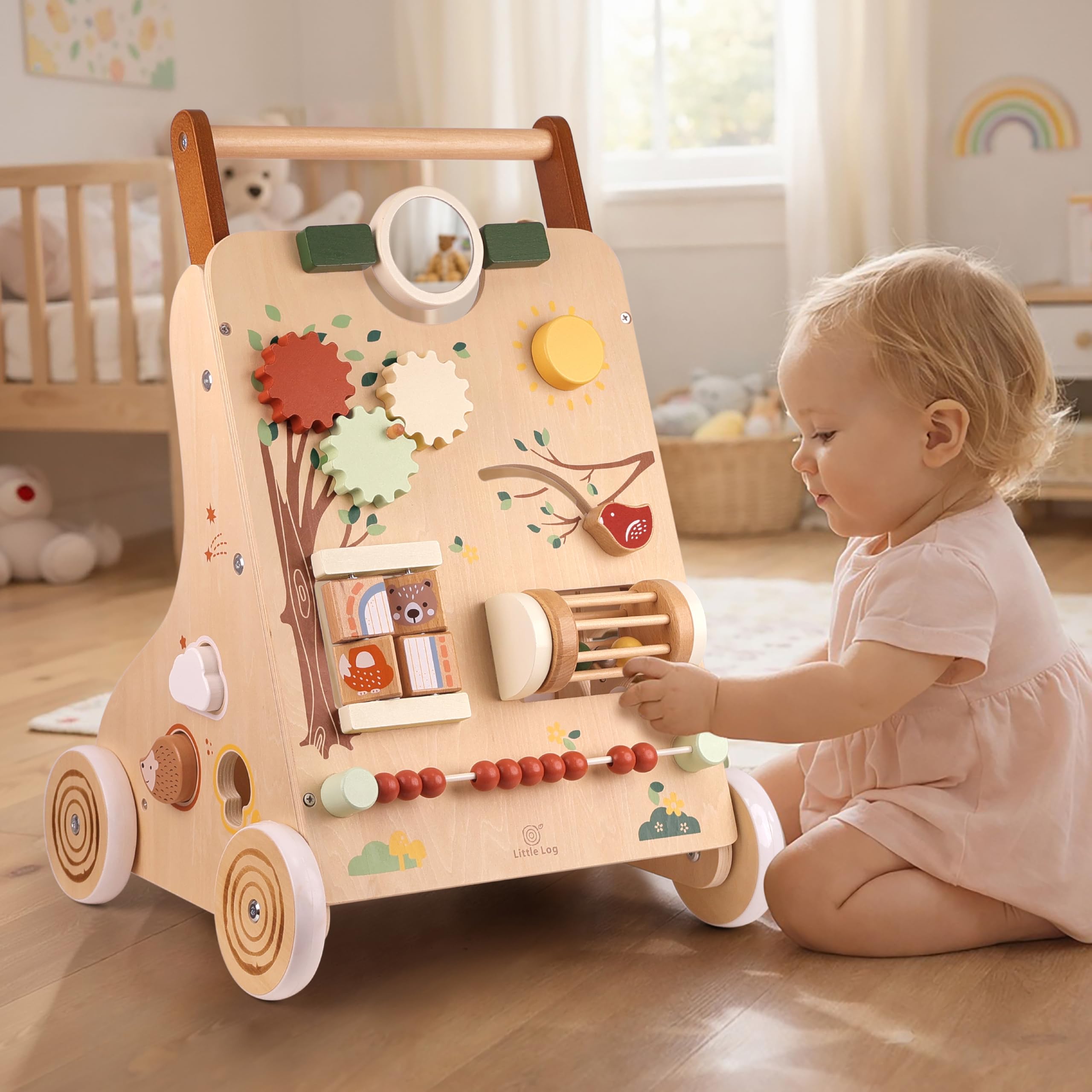 Little Log Drewniany chodzik dla niemowląt, regulowana prędkość i 2-poziomowa wysokość, centrum aktywności z 9 zabawkami sensorycznymi Montessori, wykończenie z naturalnego drewna, antypoślizgowe