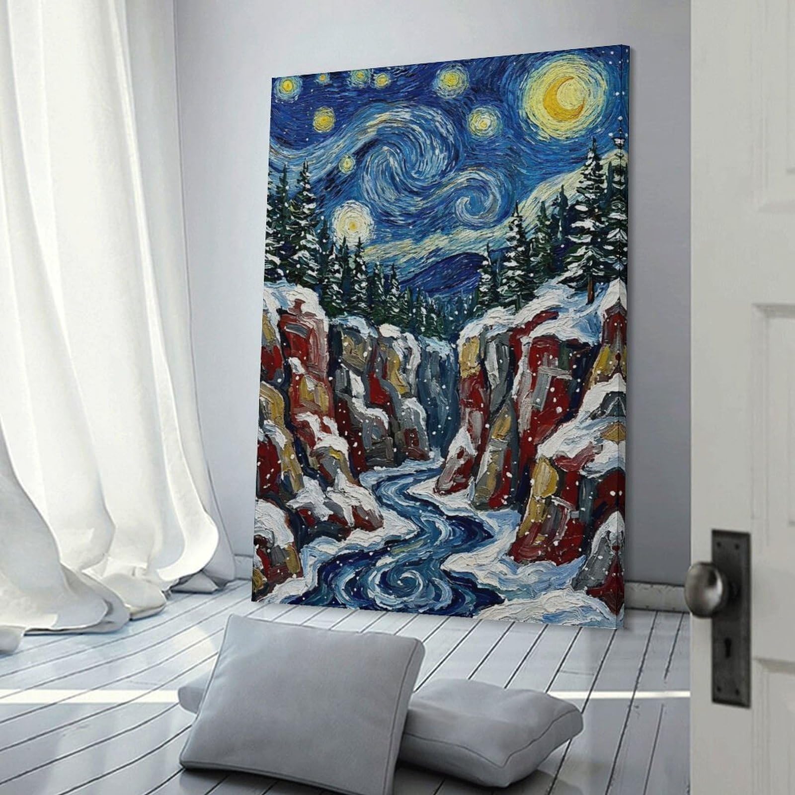 Junmoney Winter Canyon Starry Night Painting Home Decor Wall Art 20x30inch(50x75cm), for Restful Interiors, Bedrooms Or Small Rooms, Decorative Wall Art for Cosy Rooms