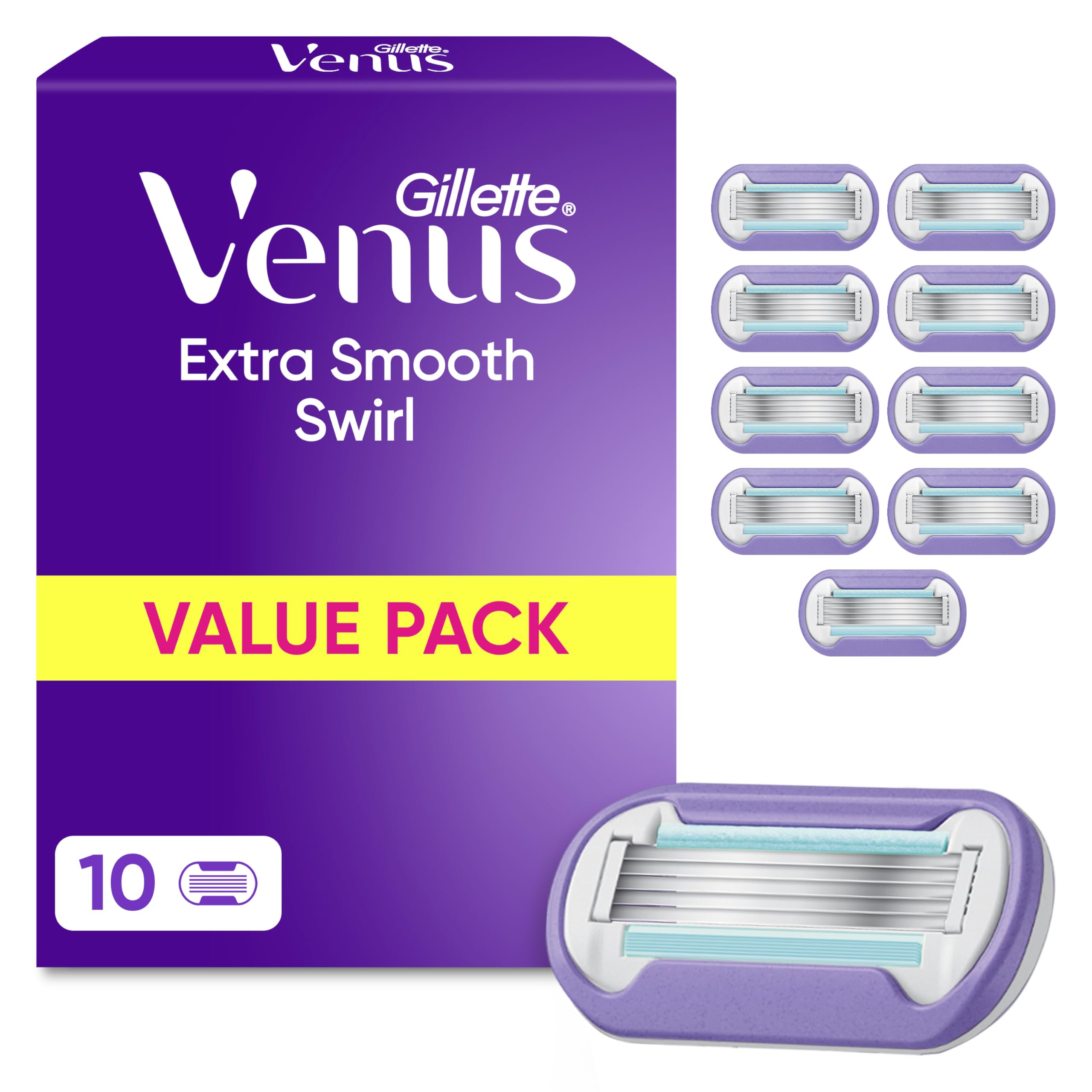 Gillette Venus Deluxe Extra Smooth Swirl Women's Razor Blade Refills, Pack Of 10, 5 Durable Blades To Deliver Shave That Lasts