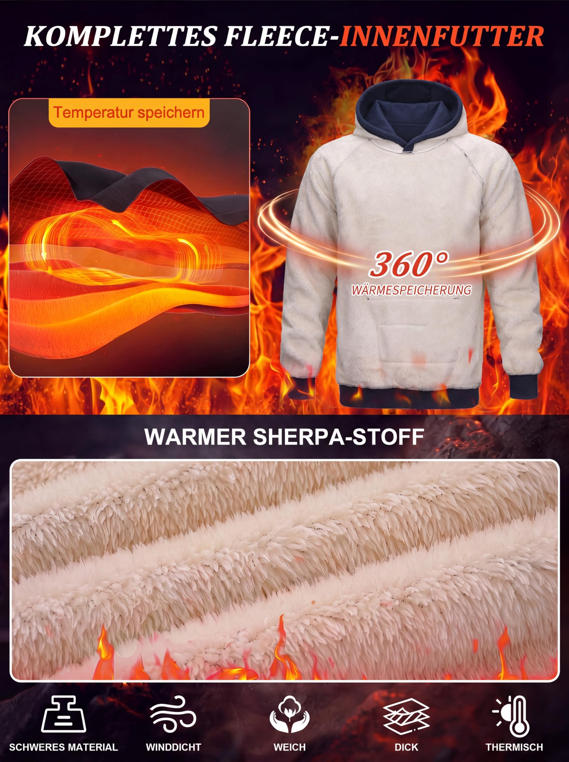 MAGCOMSEN Hoodie Herren Fleecepullover Warm Kapuzenpullover Männer Pullover | Baumwolle Fleece Hoodie,Winter Warm Pullover,Langarm Sweatshirt Herren,Gefüttert Hoody,Fleecepullover mit Bauchtasche