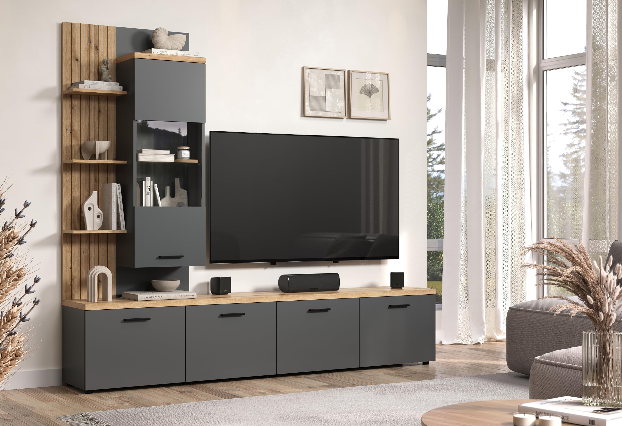 trendteam smart living Baggio Wohnwand Grau/Eiche Kombination aus Hängevitrine und 2 Lowboards (BxHxT) 240 x 212 x 40 cm für TV bis 65 Zoll