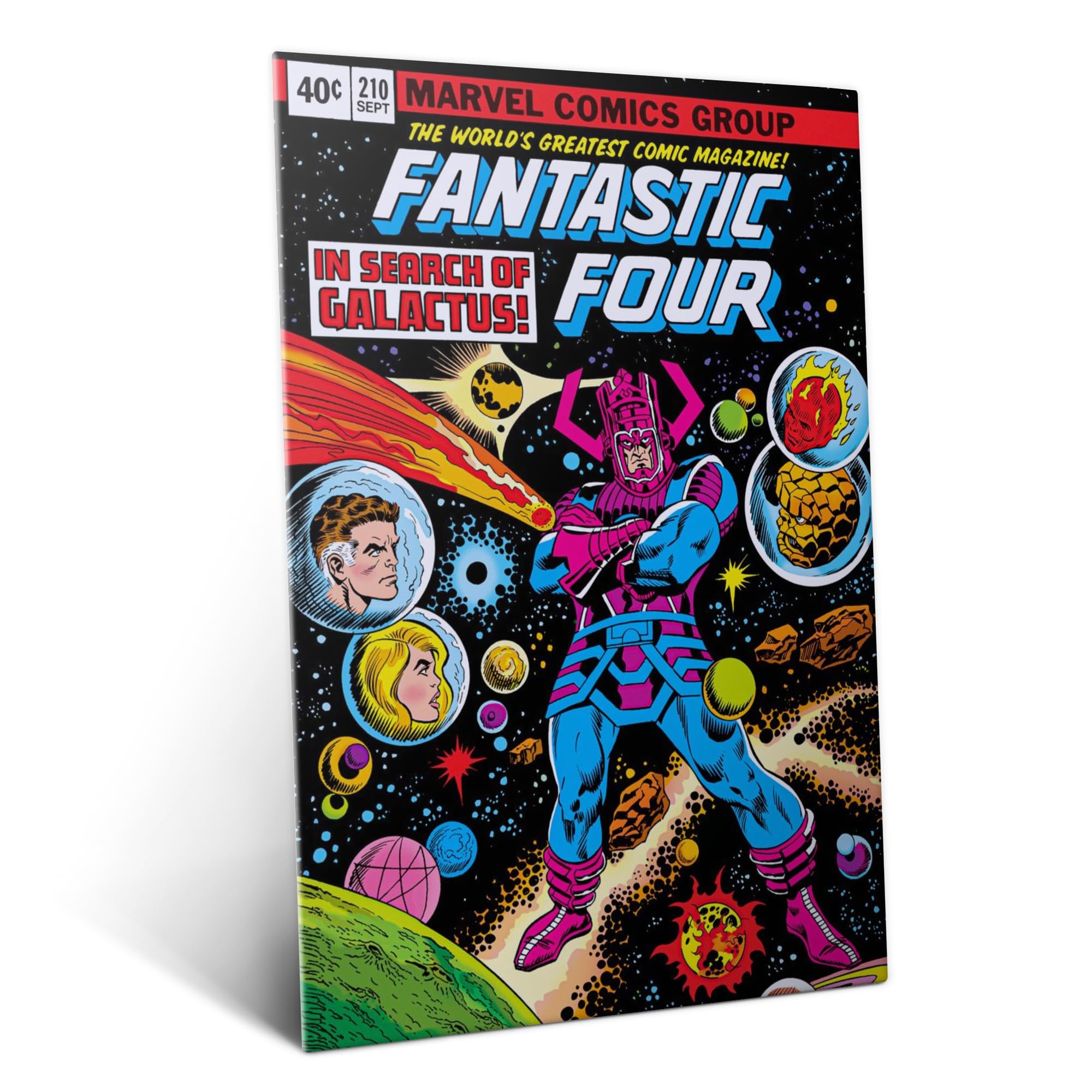 Displate Metall poster Marvel Fantastic Four Classic Comic Cover In Größe M | Bild Plakate für Schlafzimmer Dekor, Geschenke. Magnetische Befestigung Wandposter, Wanddeko. Metall Wandkunst.