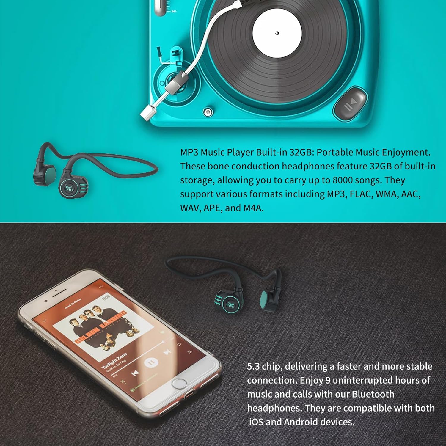 Bone Conduction Swimming Headphones with Open Ear Bluetooth Headphones and MP3 Player 2-in-1, 10 H Battery Life, Bluetooth 5.4 Open Ear Headset, Suitable for Swimming, Running, Cycling