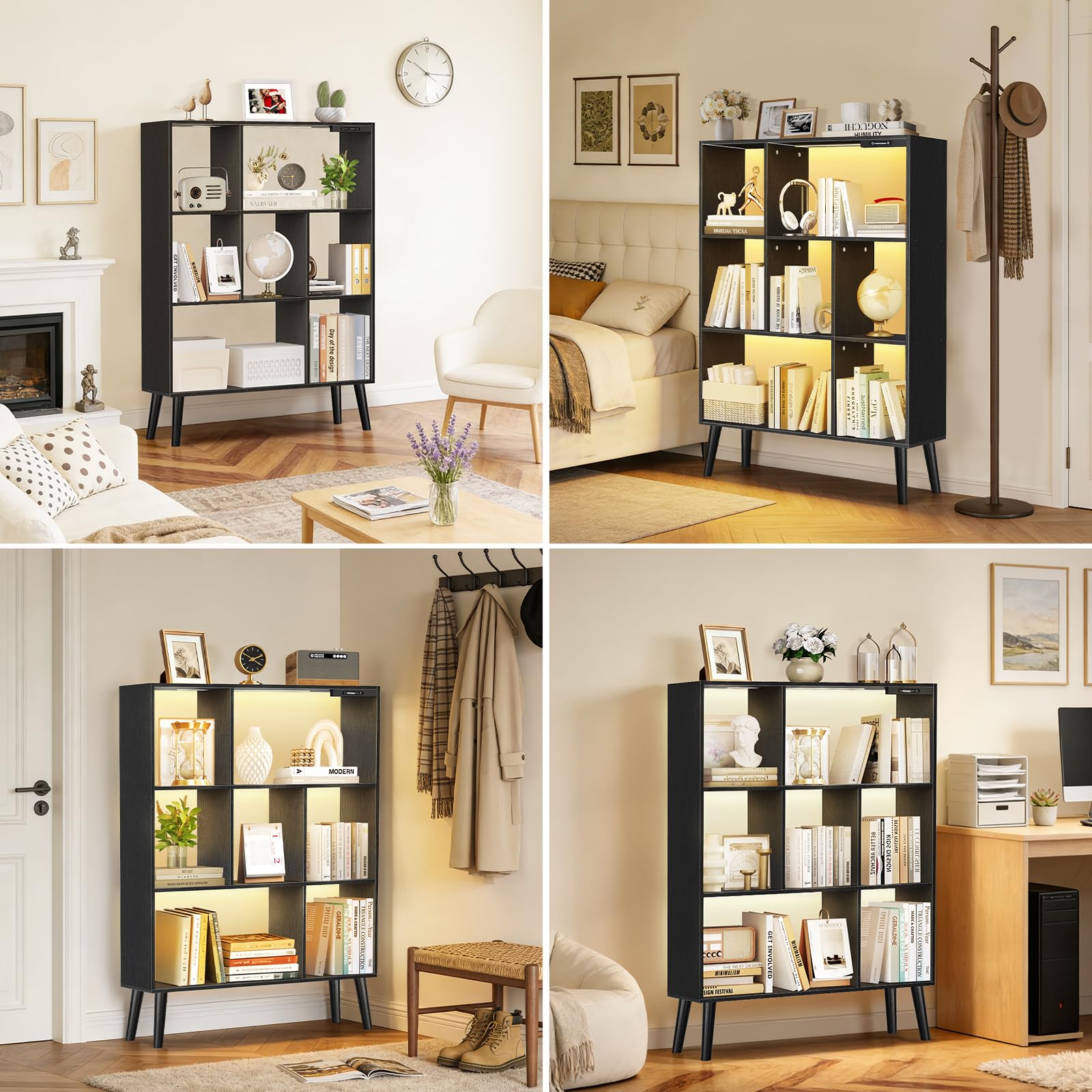 Libreria a 7 Cubi con Luci LED, Controllo Touch e Telecomando, Scaffale Moderno a Terra Dimmabile, Organizer in Legno Aperto per Soggiorno, Camera da Letto e Ufficio