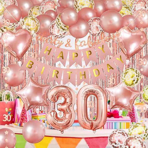 Miniatura 7 de ZERODECO Decoraciones de fiesta de cumpleaños de oro rosa 30, treinta y fabulosos pancarta de feliz cumpleaños, cortina con flecos, 30 guirnaldas de