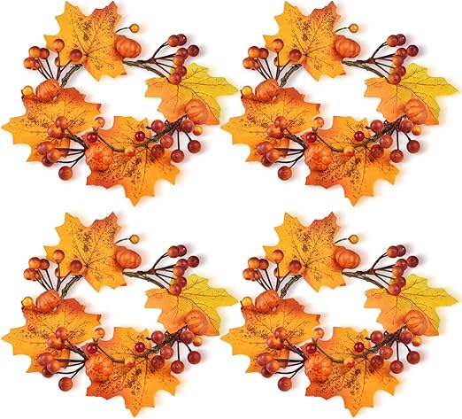 4 Pack Fall Candle Rings Wreaths, Artificial Pumpkin Maple Leaf Candle Wreath Berry Rings, Autumn Halloween Thanksgiving Wedding Party Table Decor, 4.7" ID / 9" OD