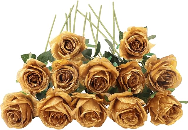 Decpro 12Pcs Artificial Roses, 19.7'' Single Long Stem Silk Blossom Fake Flower for Bridal Wedding Bouquets, Home Party Office Hotel Decoration, Centerpieces, Floral Arrangements, Golden
