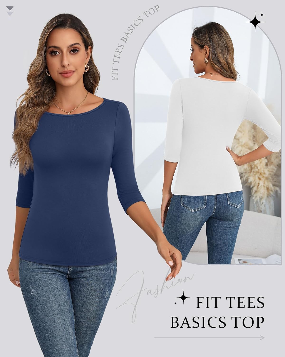 Ficerd 5 Pack 3/4 Sleeve Tops for Women Tight Boat Neck T Shirts Slim Fit Three Quarter Sleeve Tees Basic Casual Tops - Image 4