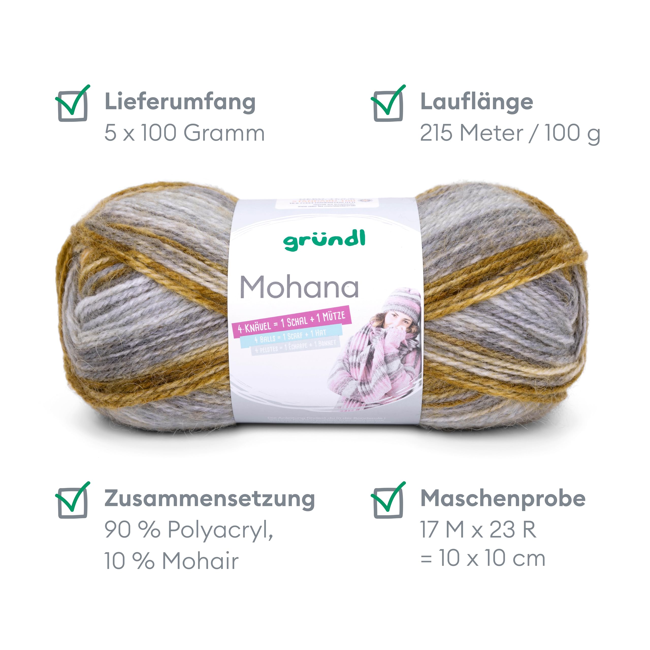 Gründl Mohanna Knitting and Crochet Yarn 90% Polyacrylic, 10% Mohair, 5 x 100 g, Thick Wool, Light Grey/Quince Olive - Image 2