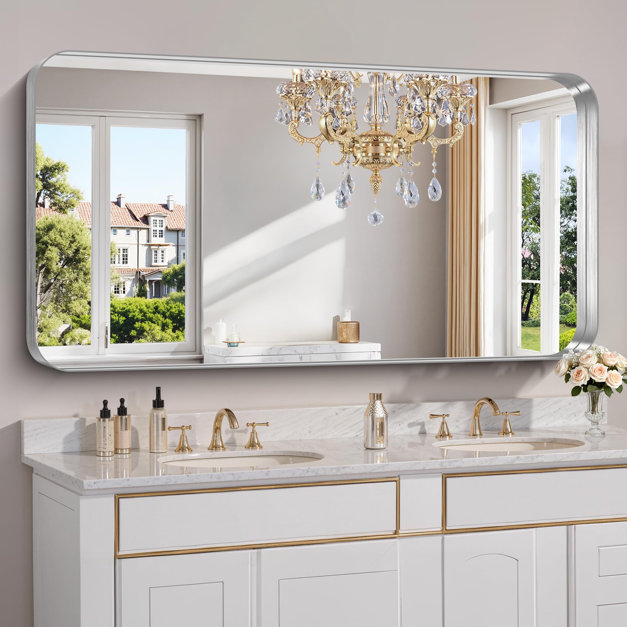 FORBATH 60x36 Inch Large Bathroom Mirror for Double Sinks, Brushed Silver Deep Frame Wall Mirror with Rounded Corners, Anti-Rust Tempered Glass for Modern Farmhouse Vanity (Horizontal/Vertical)