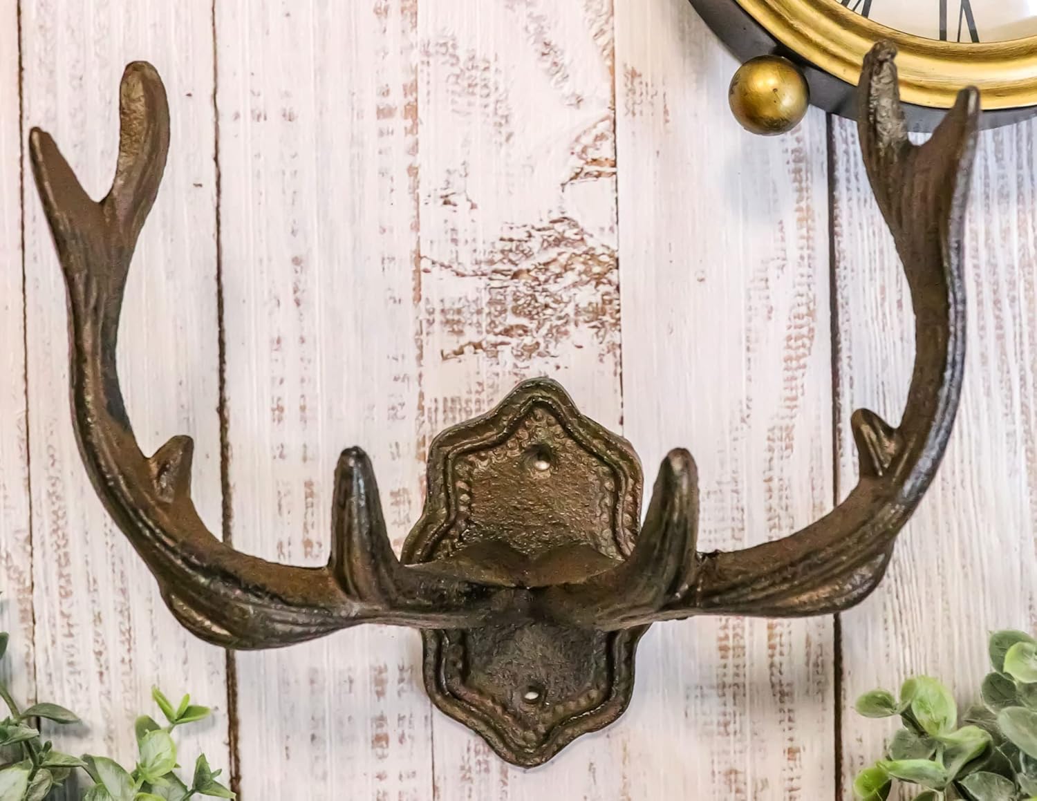 Ebros Gift Cast Iron Vintage Heirloom Western Rustic Stag Deer Crown Antlers Wall Hooks Decor Plaque Multi-Purpose Coats Hats Keys Scarves Belts Towels Pet Leashes Hangers Elk Antler Hook (1)