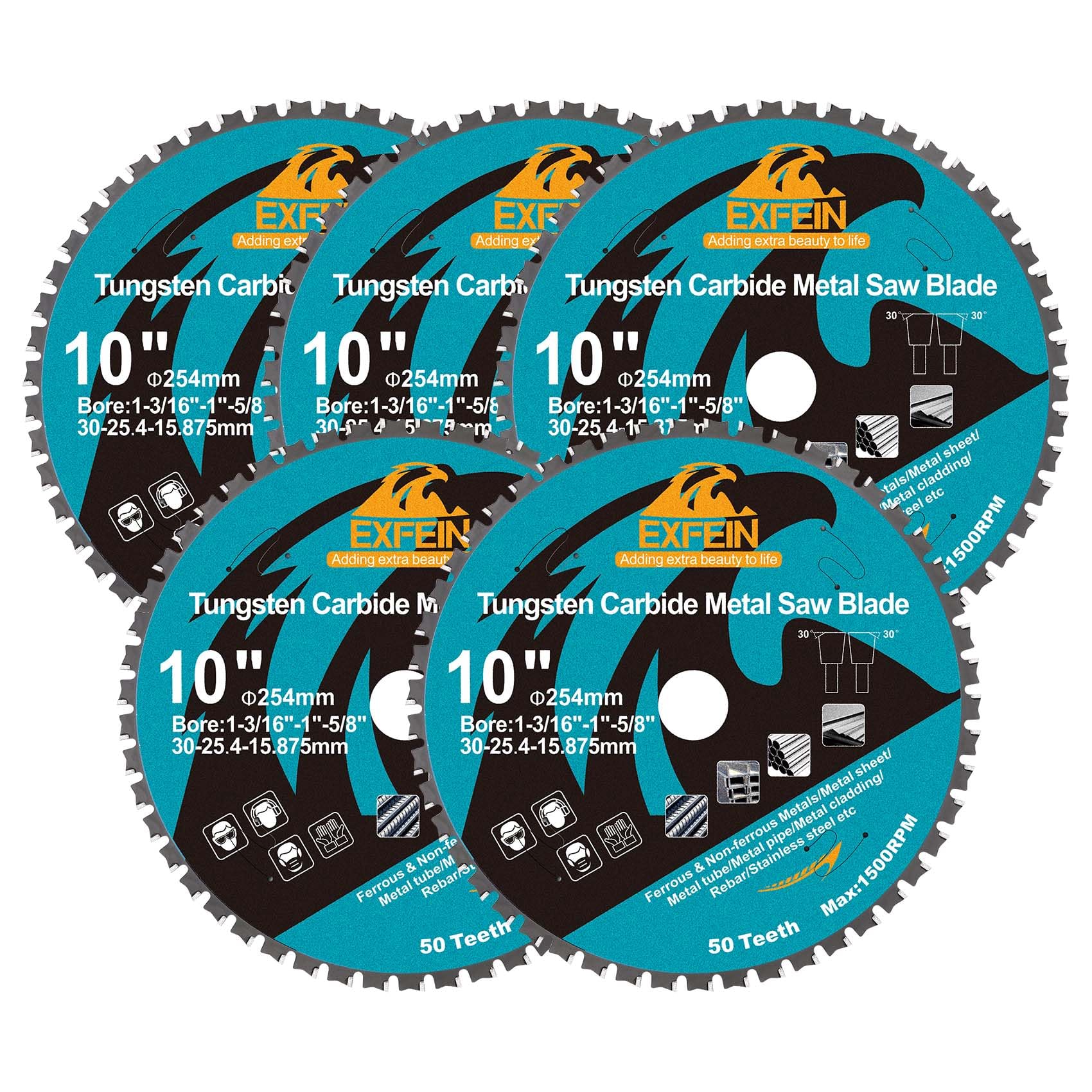 254mm 50T Metal Circular Cutting Disc - 5-Pack EXFEIN Tungsten Carbide Tipped Cutting Discs Bore 30mm for Steel Nickel Titanium Ferrous Metals Steel Pipe