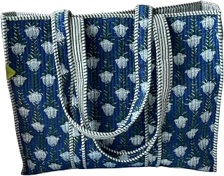 Cotton Quilted Tote Bag for Women | Blue Floral Print Shoulder Bag | Travel & Shopping Handbag with Inner Pocket