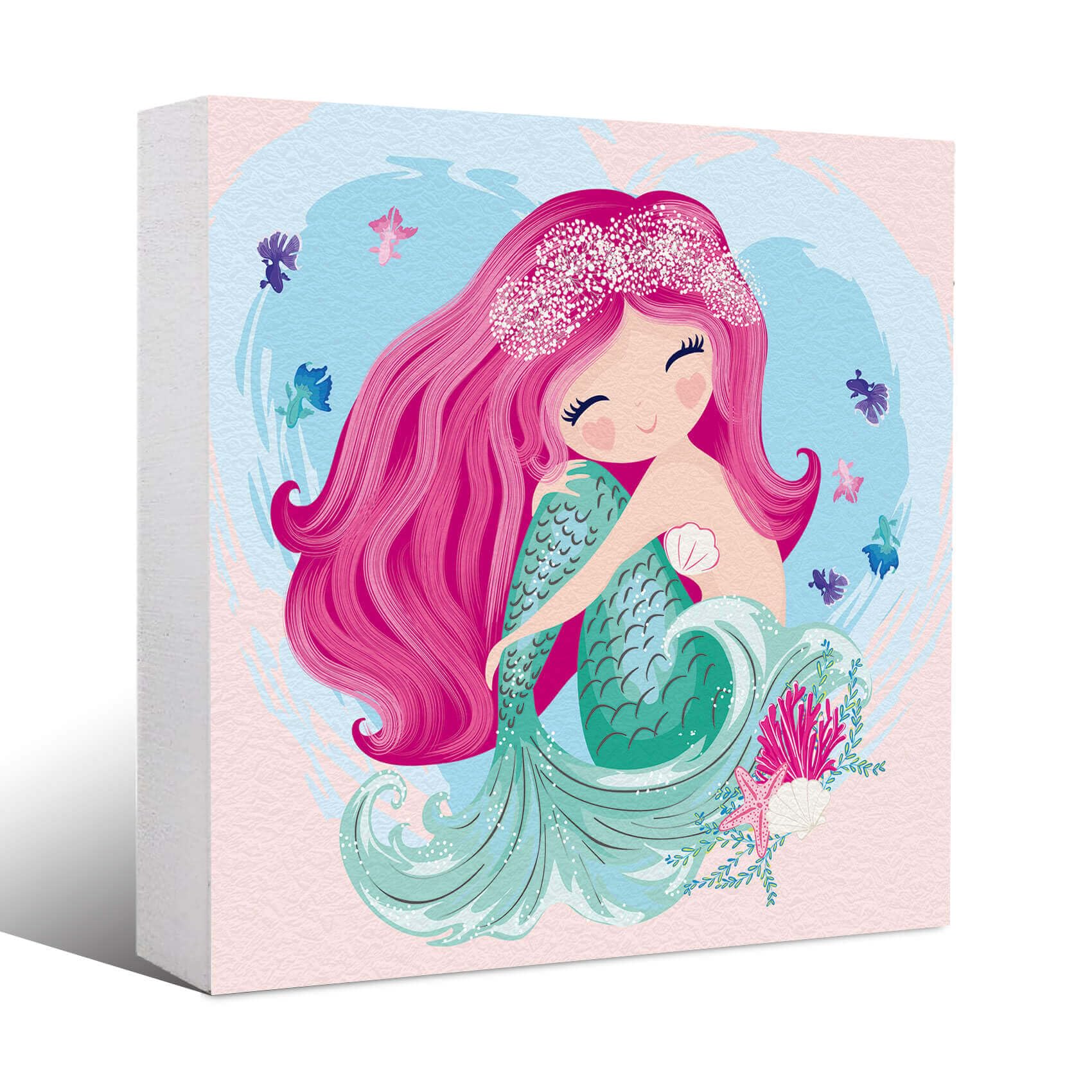 Inspirational Wood Block Pink Sweet Shelf Home Office Desk Mermaid Theme Decoration Square Home Office Desk Decor Bedroom Workplace Ornaments C-104