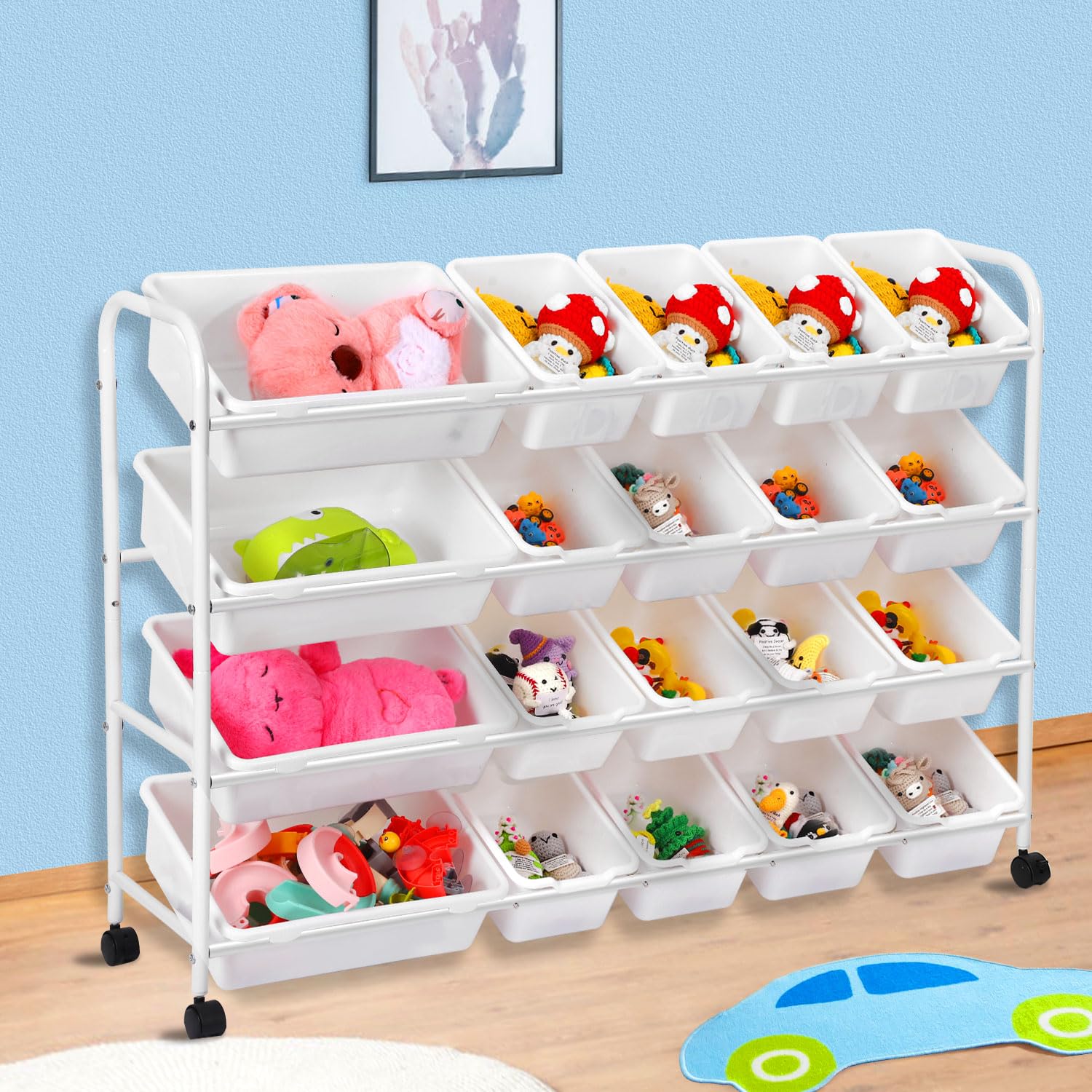 Toy Storage Organizer, 4 Layers Metal Storage Rack with 20 Plastic Bins Multipurpose Organize Shelf Extra Large Toy Box Detachable Kids Bookshelf Holder for Playroom Nursery Children Room School