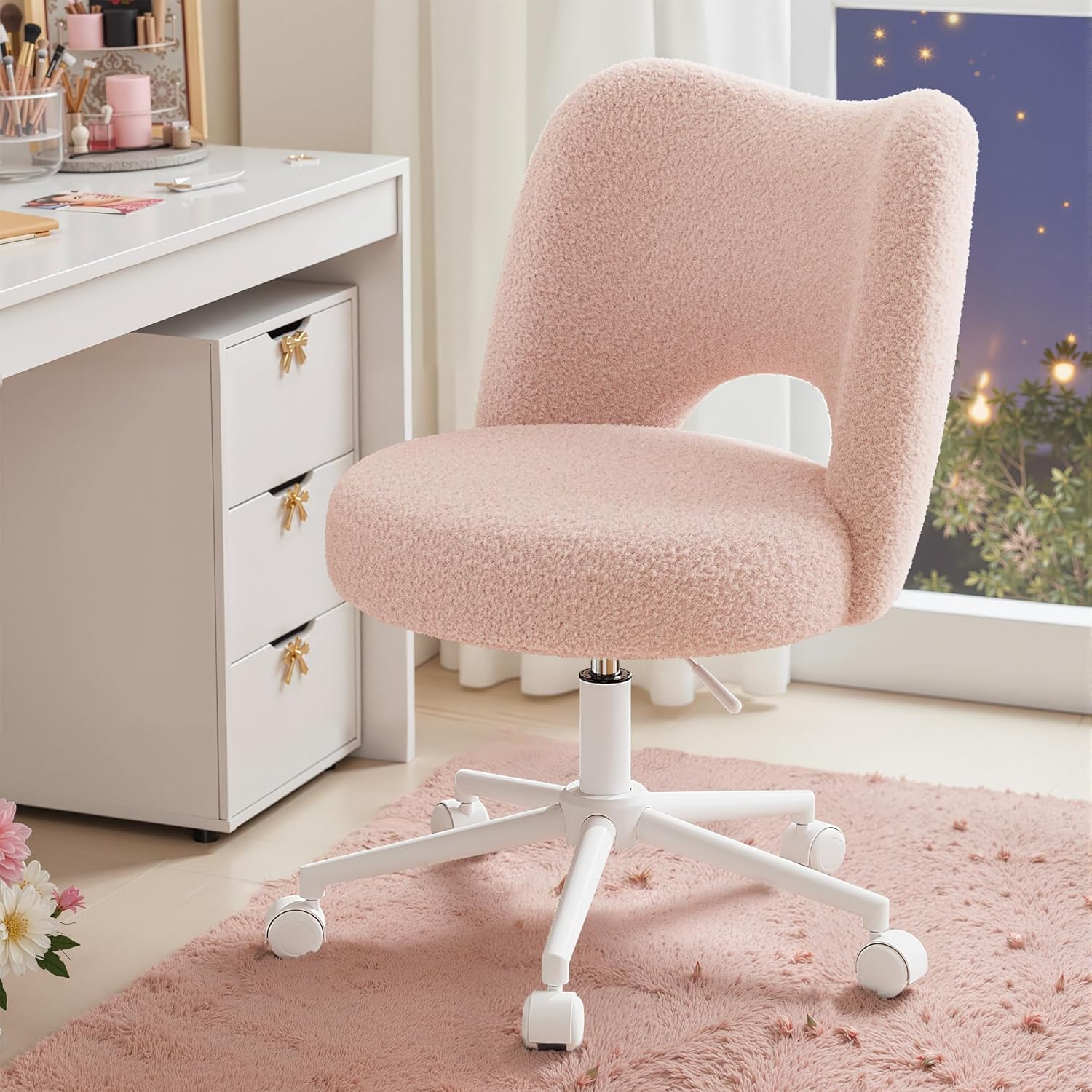 Product image of Vanity Chair with Wheels Pink,Cute Vanity Chair with Back,Ultra-Plush Fleece Cute Desk Chair, Small Office Chair Height Adjustable,for Make-up Room,Bedroom
