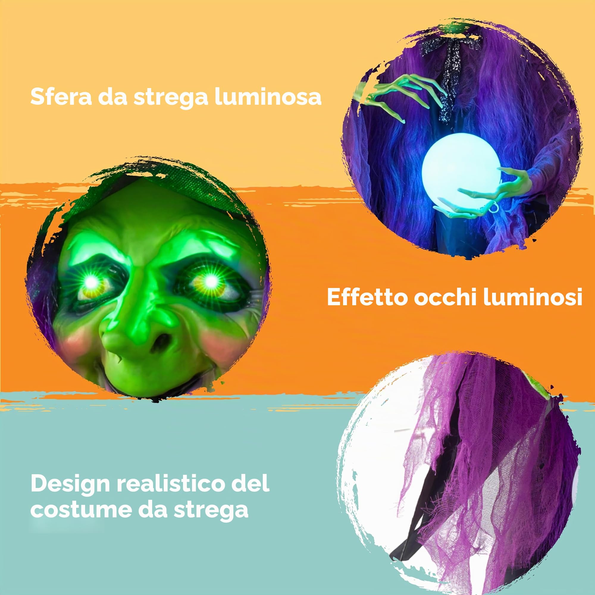 JOYIN 78"Decorazione Strega Appesa Halloween con Palla Magica,Strega Parlante Animata Appesa con Occhi Luminosi e Suono per Decorazioni Prato Casa Stregata Halloween