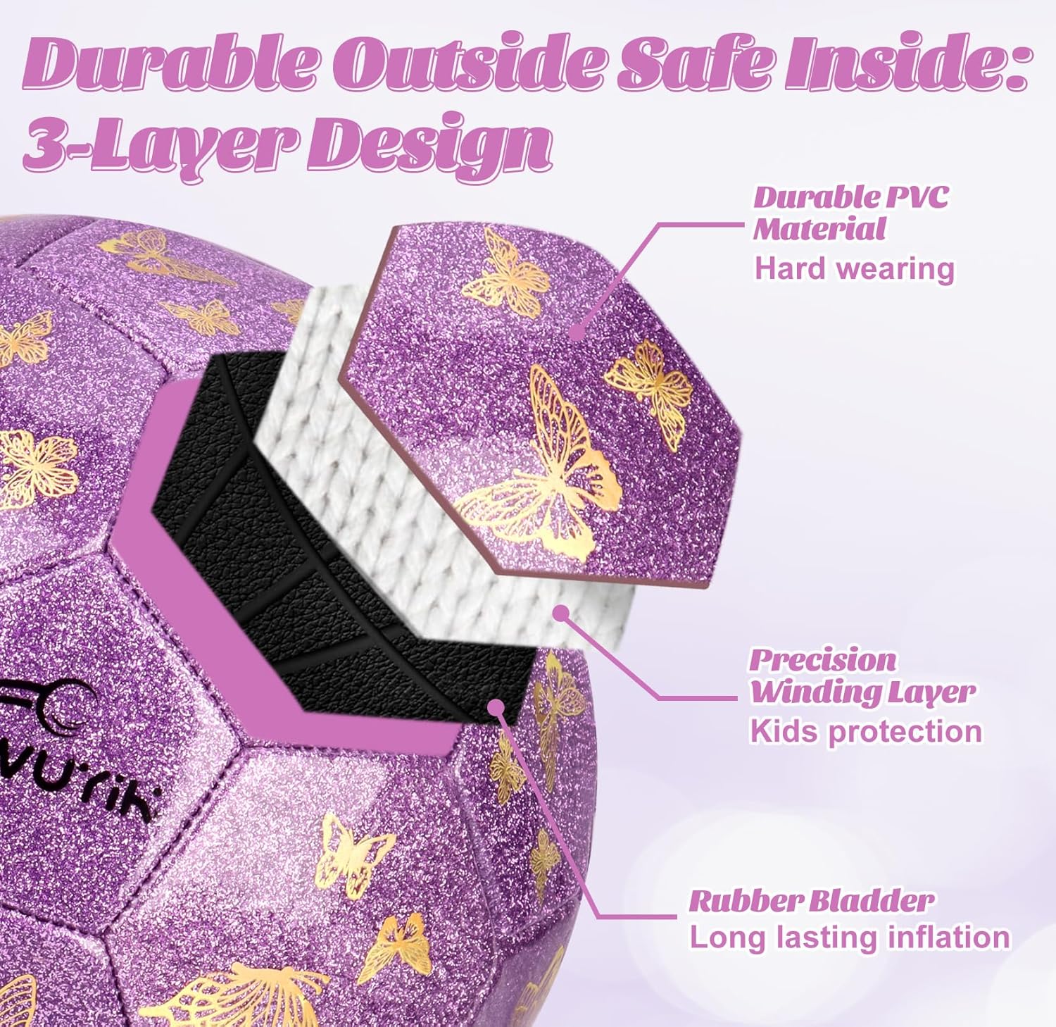 Kids Soccer Goal Set with Size 2 Purple Pink Glitter Butterfly Soccer Ball and Pump 2x1.5ft Portable Butterfly Print Soccer Nets for Toddlers Ages 3-5
