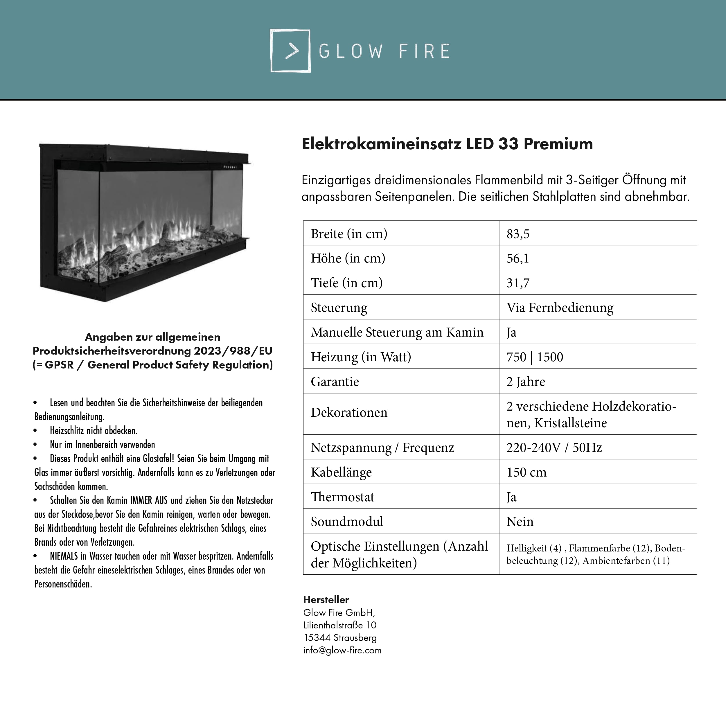 GLOW FIRE Kominek EINSTEIN otwarty z lewej z realistycznym ogniem LED 3D E-Motion - wolnostojący kominek elektryczny z ogrzewaniem, ogniem kominkowym, timerem, maks. 1500 W, 109x89x51, Biały