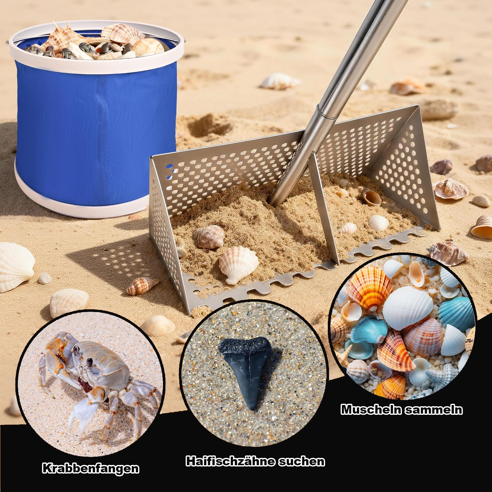 Colador de arena para playa de acero inoxidable con mango largo extraíble | Cubo plegable, pala y red, juego de rastrillo de arena para playa, pesca, camping y exterior