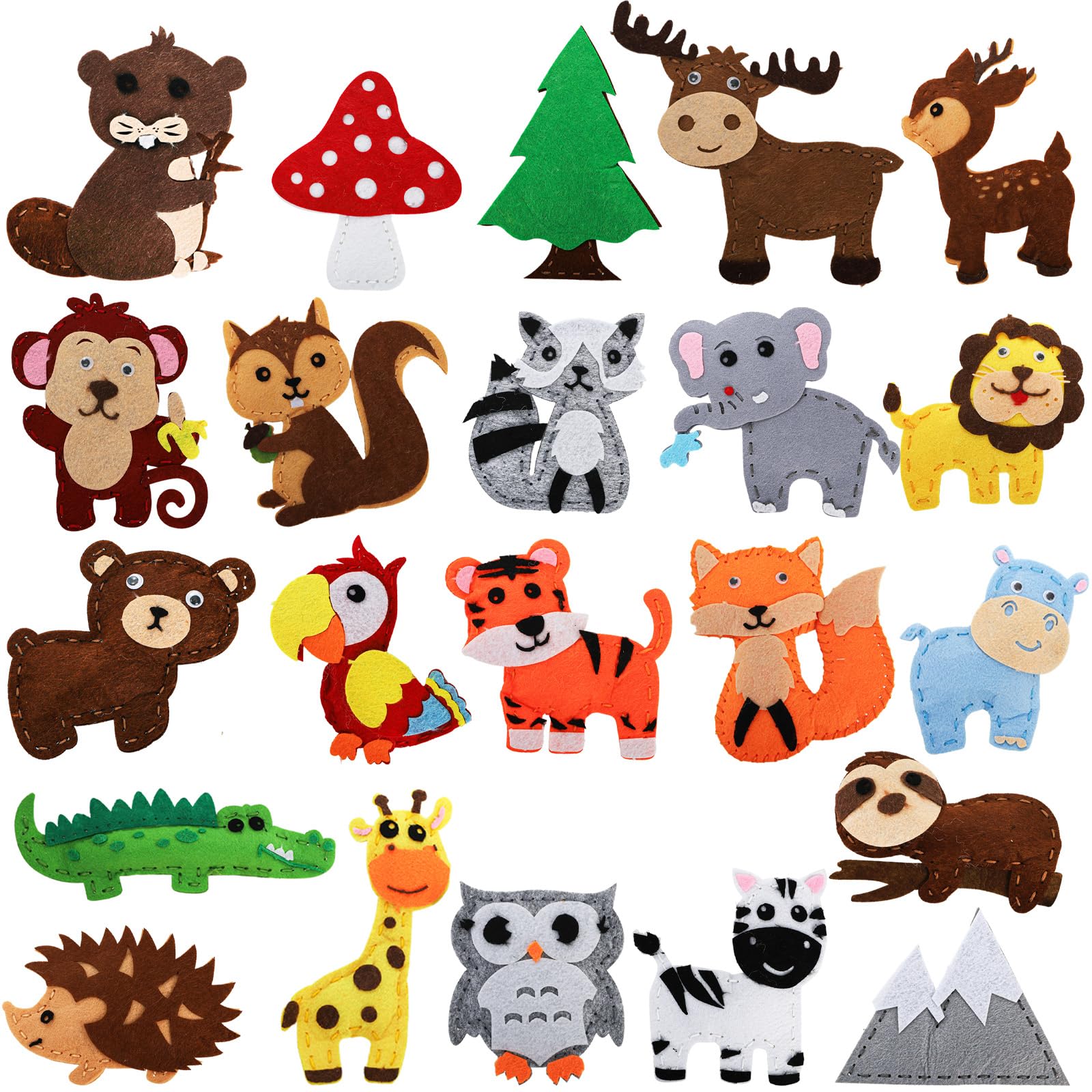 Jucoan Set of 22 Sewing Kit for Kids, Beginner Craft and Sewing Set for Boys Girls DIY Jungle Woodland Stuffed Felt Animals Ornaments, Christmas Craft Sew Gift for Girls Kids Ages 7-12