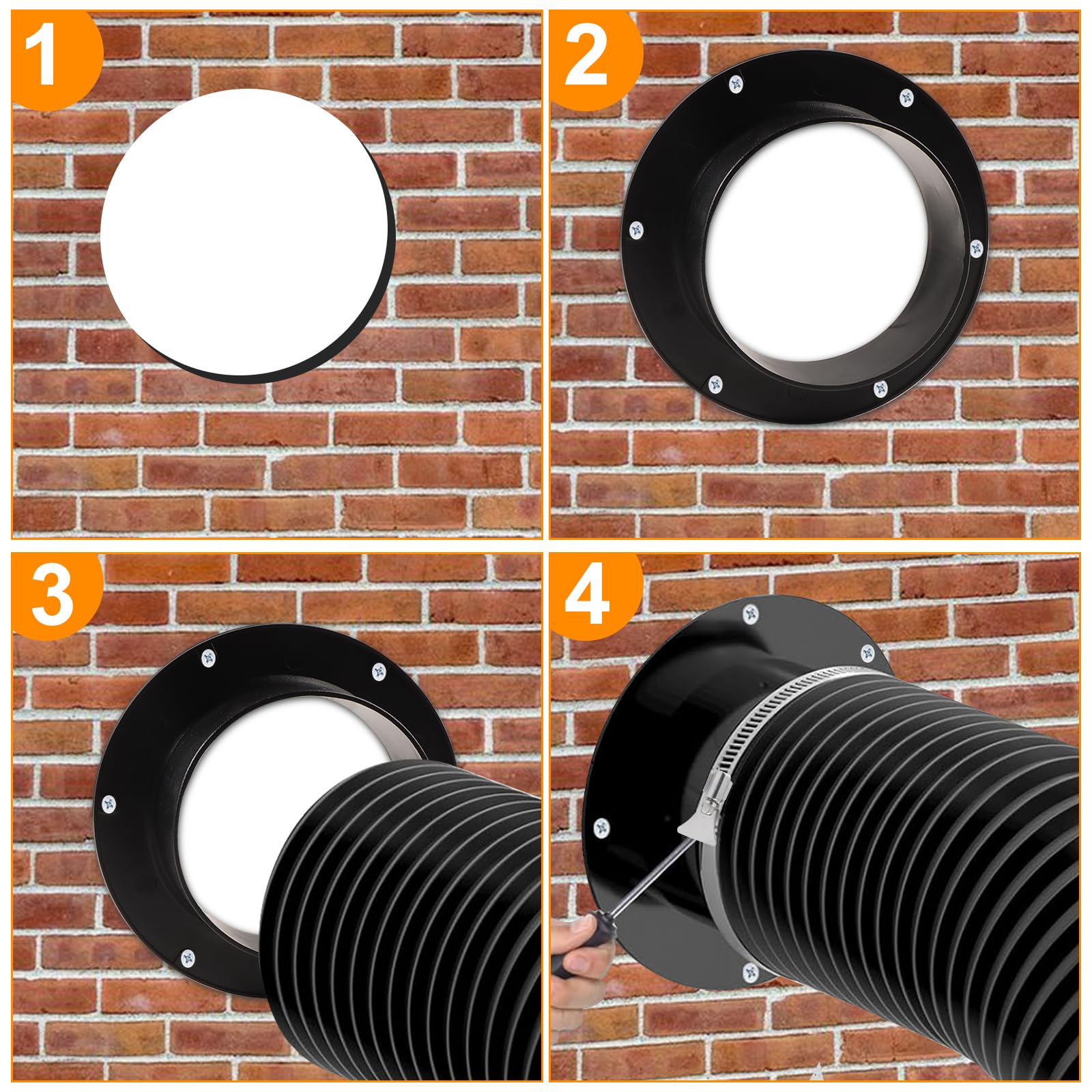 Kanalverbinder Flansch 150mm(6 Inch) Lüftungsrohr Kunststoff Wandflansch Verbinder mit Edelstahl Schlauchschellen Alu-Folienband Rohrflansch Wandanschluss für Lüftungsrohr Lüftungssystem(schwarz)