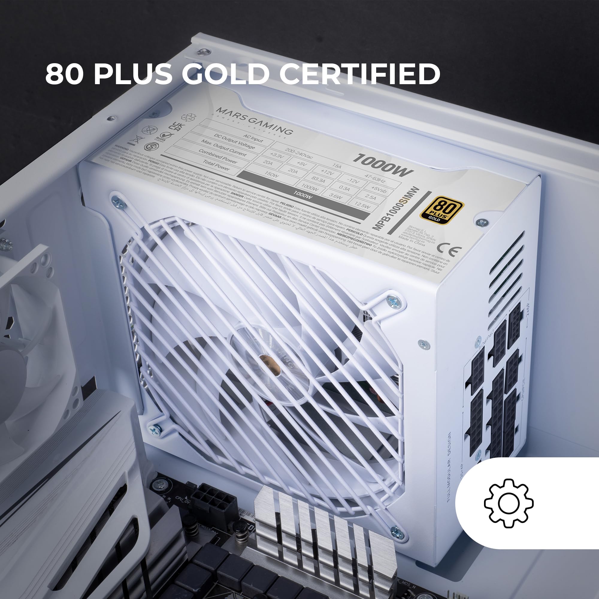 Mars Gaming MPB1000SIM, Fuente Alimentación Full Modular ATX 1000W, 7 Años Garantía, 80Plus Gold 90%, Ventilador SI Extreme Silence 140mm, Tecnologías AI2-RPM, Condensadores Japoneses, Blanco