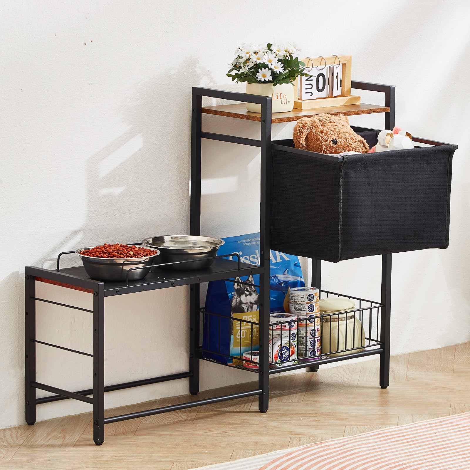 VEVOR Estación de Alimentación 92x27x75 cm Comedero Elevado para Perros Soporte Elevado para Cuencos con Estantes Soporte de Cuenco de Alimentación Barra para Perros Grandes, Medianos, Pequeños