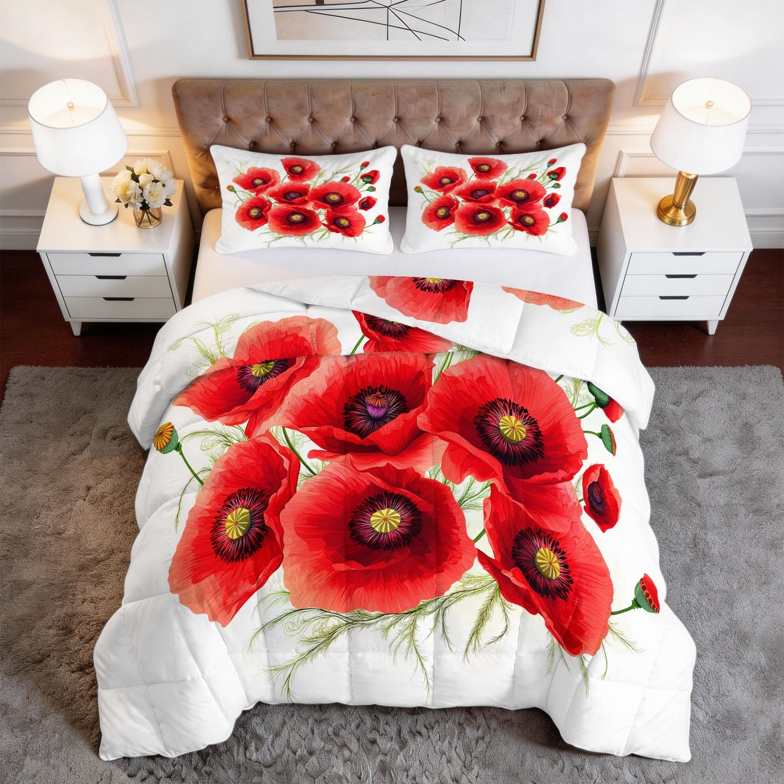 135 x 200 cm Bettdecke 4-Jahreszeiten Steppdecke 3-teilige Bettwäsche, Gelb Traditionell Blumen Mohn Weiche Microfaser Steppdecke Winter & Sommerdecke für Erwachsene, Kinder & Allergiker