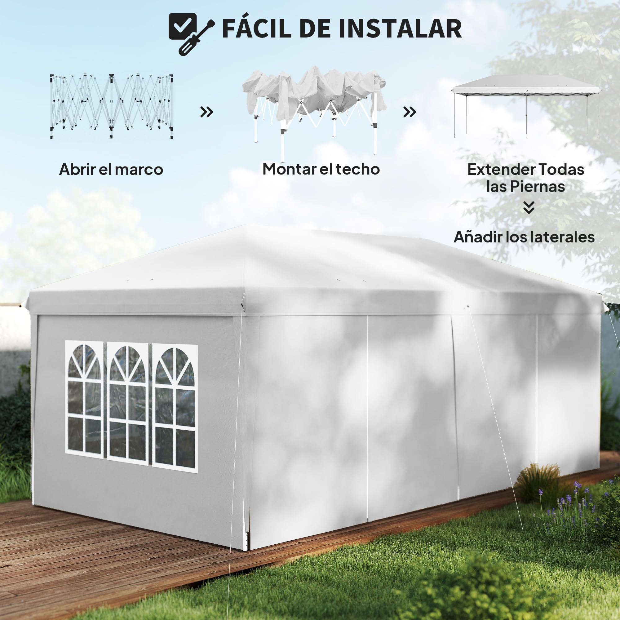 Outsunny Carpa Plegable 6x3x2,7 m con 4 Paneles 4 Ventanas 1 Bolsa Blanco | Cenador de Jardín, Gazebo Plegable, 2 Puertas con Cremallera, Anti-UV Impermeable, para Exterior Terraza Patio Playa