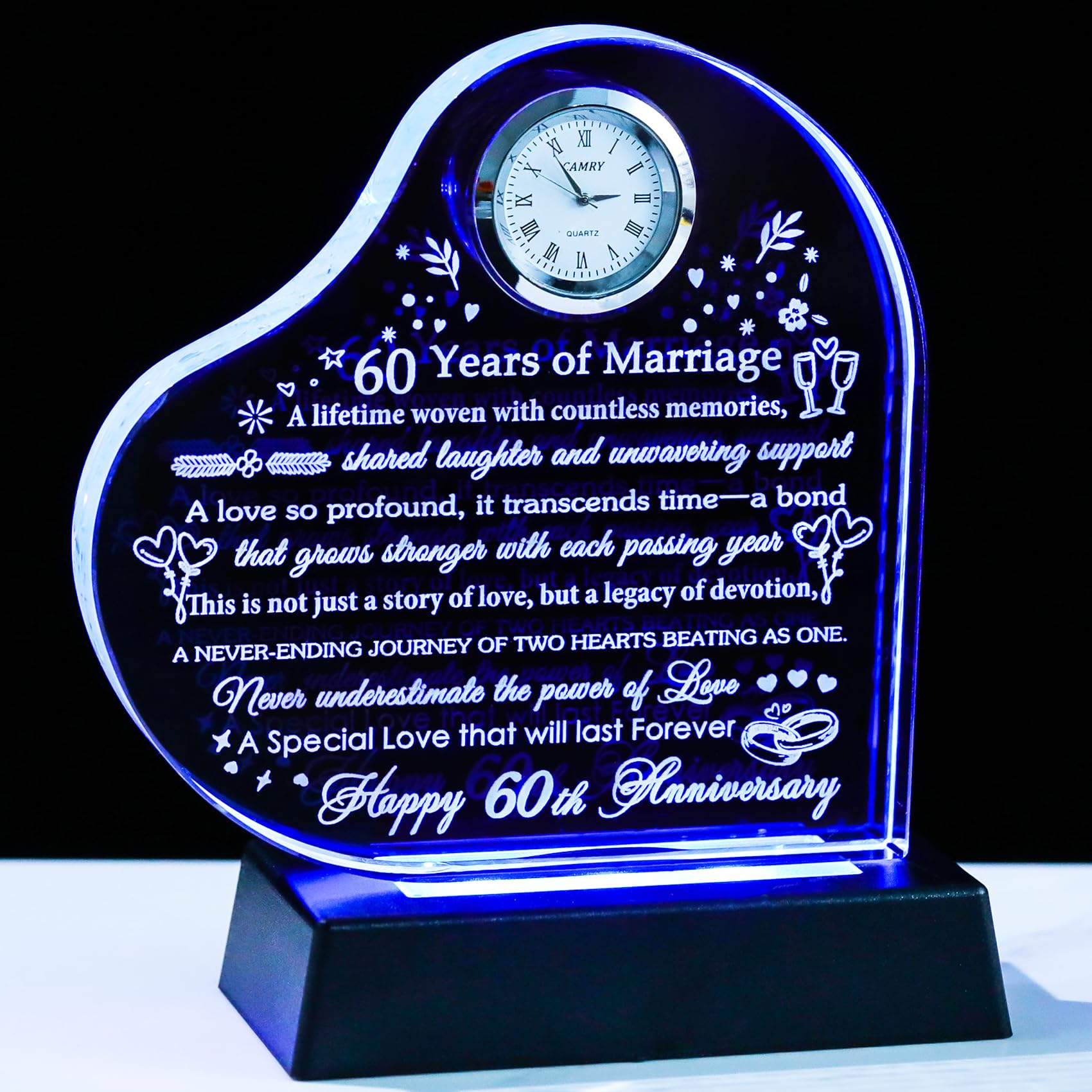 Cadeau en cristal pour les parents avec base LED, sculpture cœur haut de gamme 60 ans de mariage