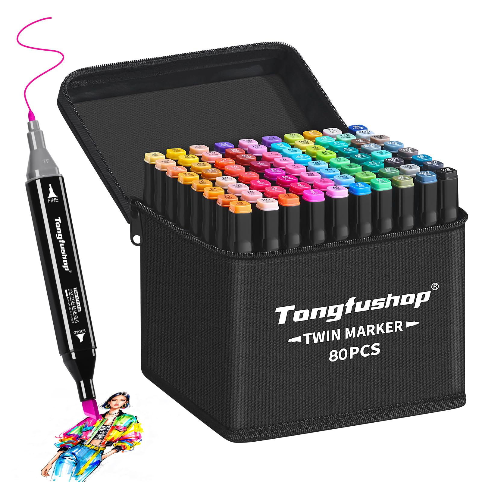 Tongfushop 80 Farben Alkohol Stifte Set, 2S Schnell Trocknende Doppelspitze Alkohol Marker, Meißel & Feine Alkoholmarker Filzstifte mit Anti-Seepage Abstandshaltern für Malerei Design Manga Skizzieren